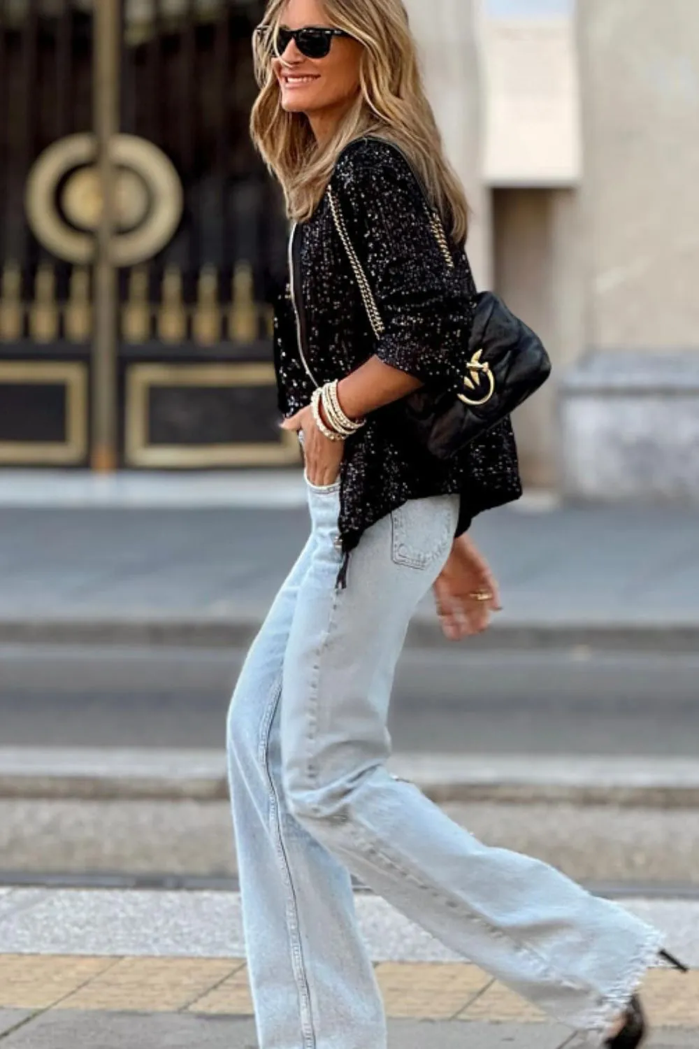 Glam Sequin Zip Up Long Sleeve Jacket