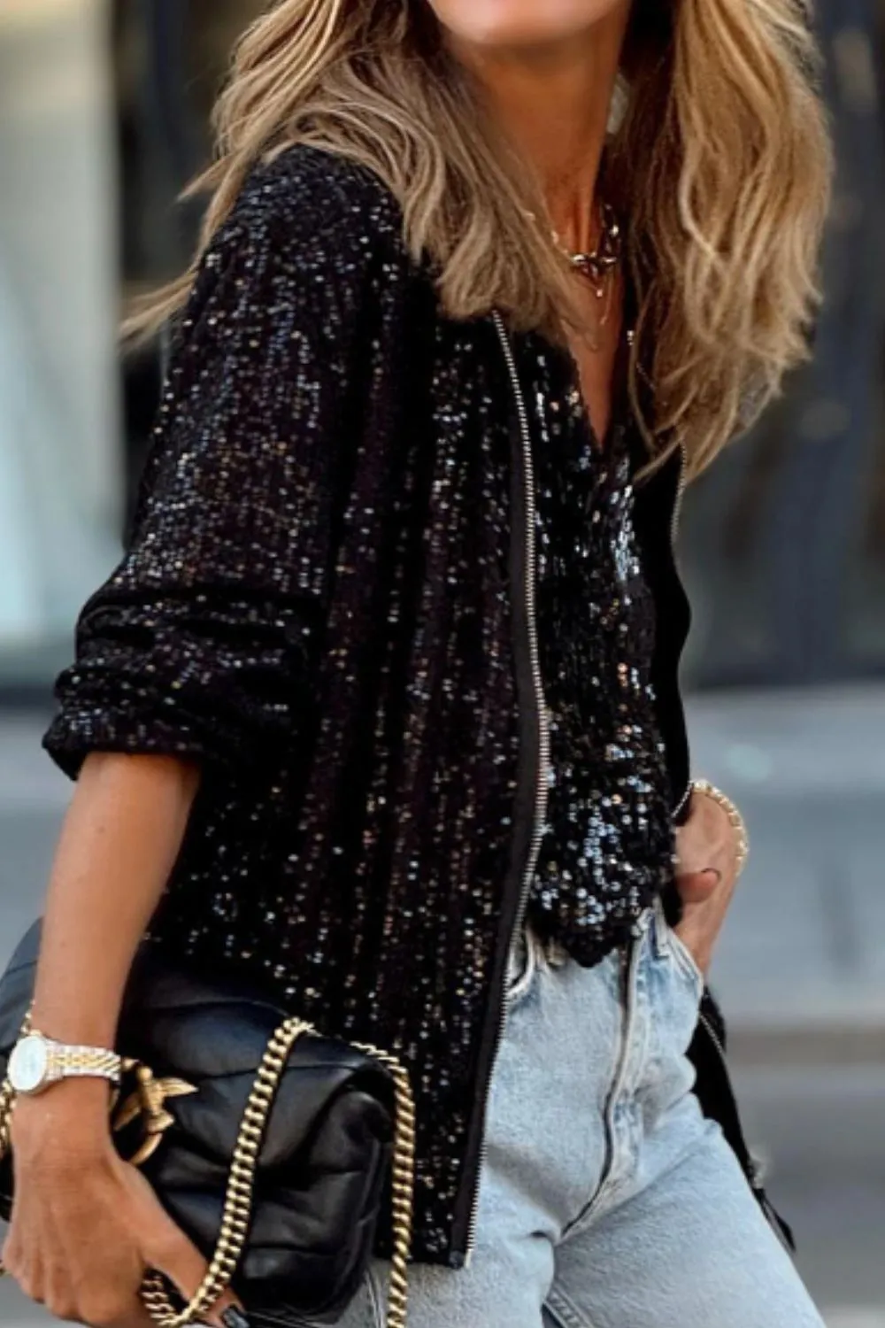 Glam Sequin Zip Up Long Sleeve Jacket