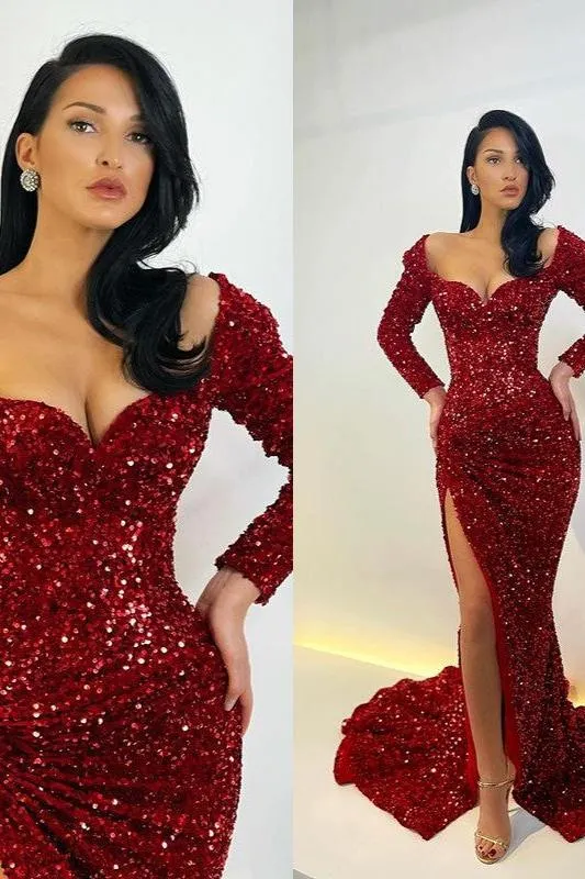 Glamorous Long Sleeves Sequins Mermaid Evening Gowns Split Prom Dress
