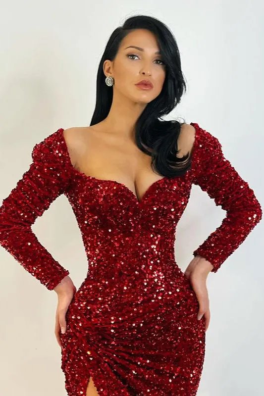 Glamorous Long Sleeves Sequins Mermaid Evening Gowns Split Prom Dress