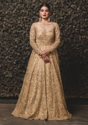 Gold Tulle Gown With Dupatta