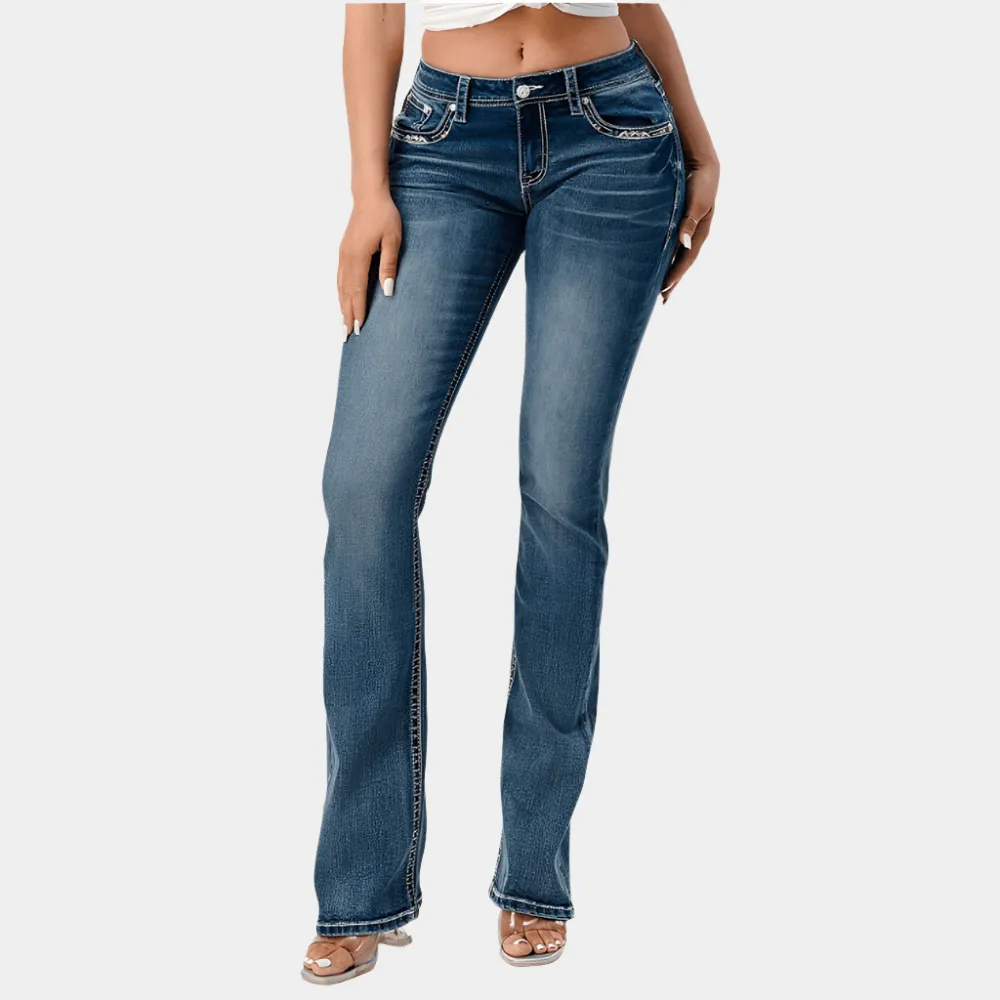 Grace In La Cowhide Stitching Easy Fit Bootcut Jeans