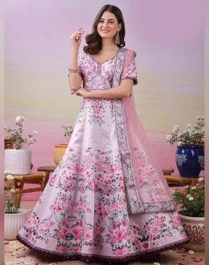 Graceful Pink Satin Silk Gowns with Exclusive Digital Prints Swarovski Crystal Embellishments