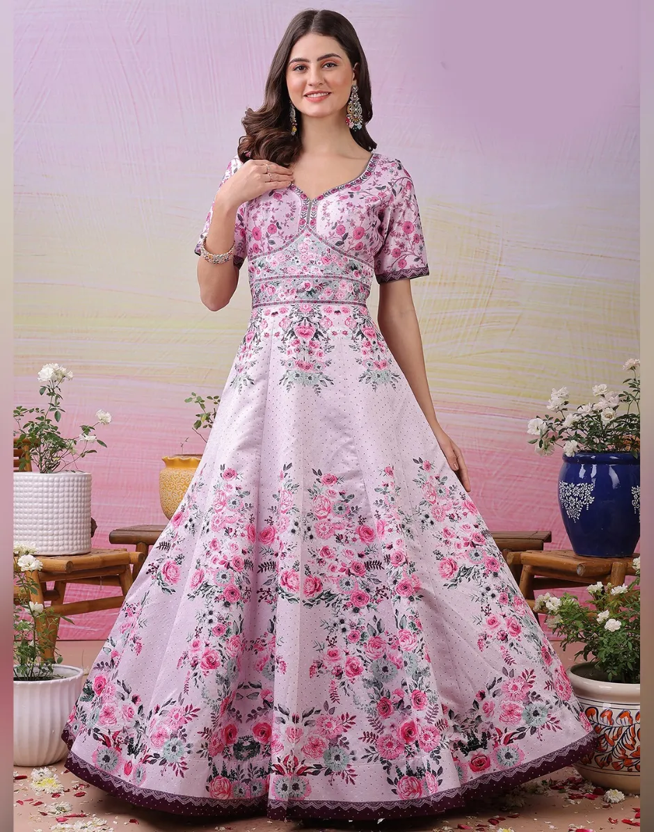 Graceful Pink Satin Silk Gowns with Exclusive Digital Prints Swarovski Crystal Embellishments