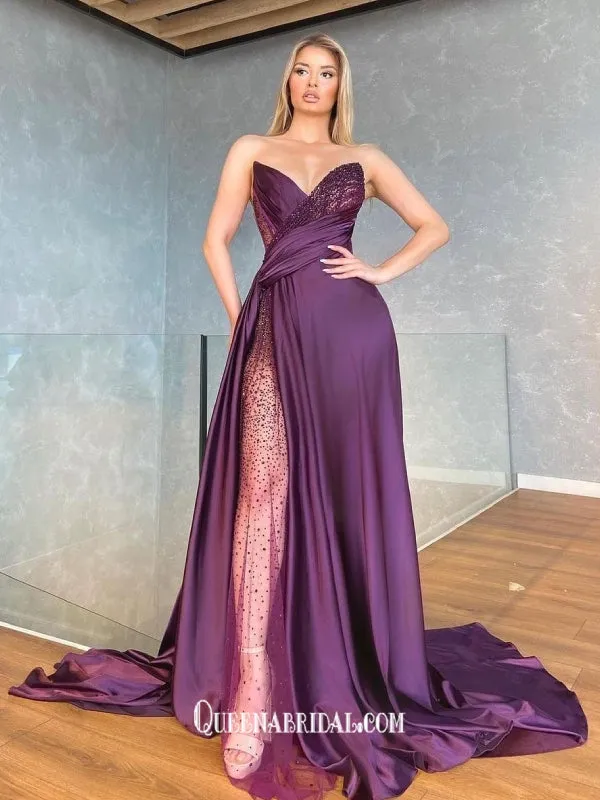 Grape Strapless Soft Satin Pleats See Through Sequins Slits A-line Evening Gowns Prom Dresses , QBP007