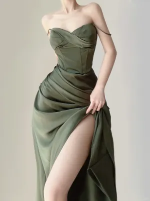 Green Spaghetti Straps Mermaid Satin Long Party Dress Wedding Guest Dress, DP5382