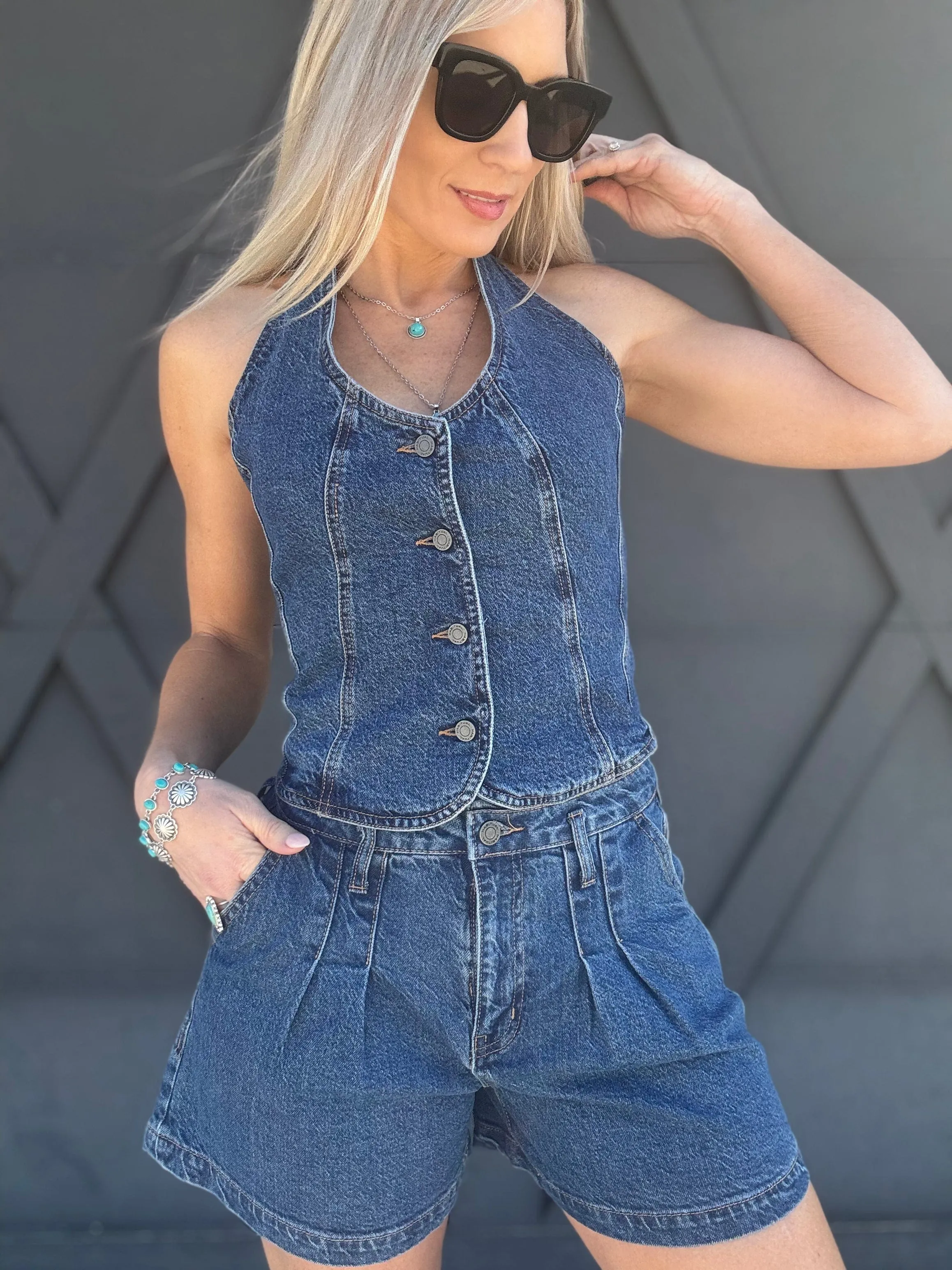 Habitual Denim Halter Vest In Lagoon