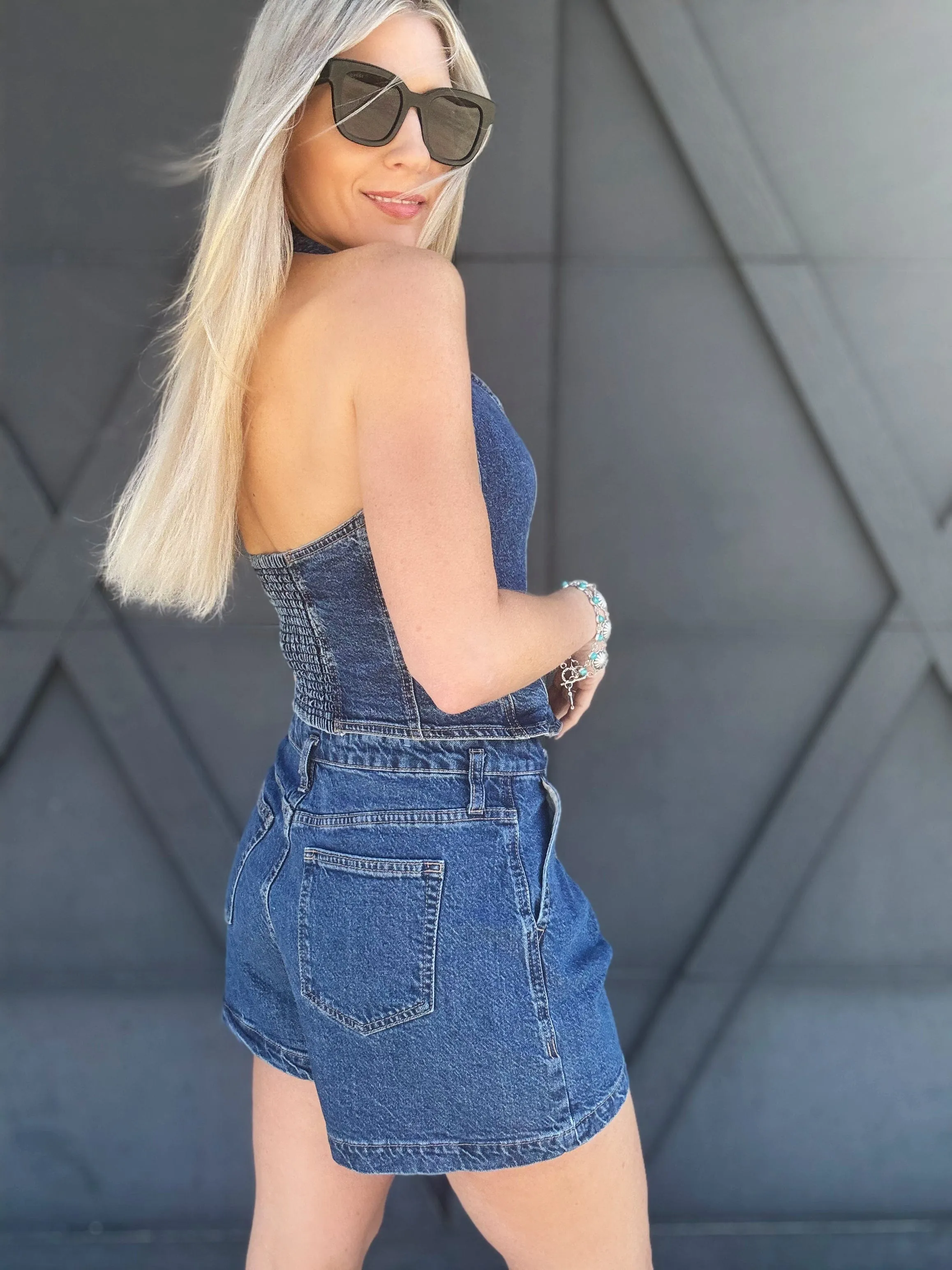 Habitual Denim Halter Vest In Lagoon