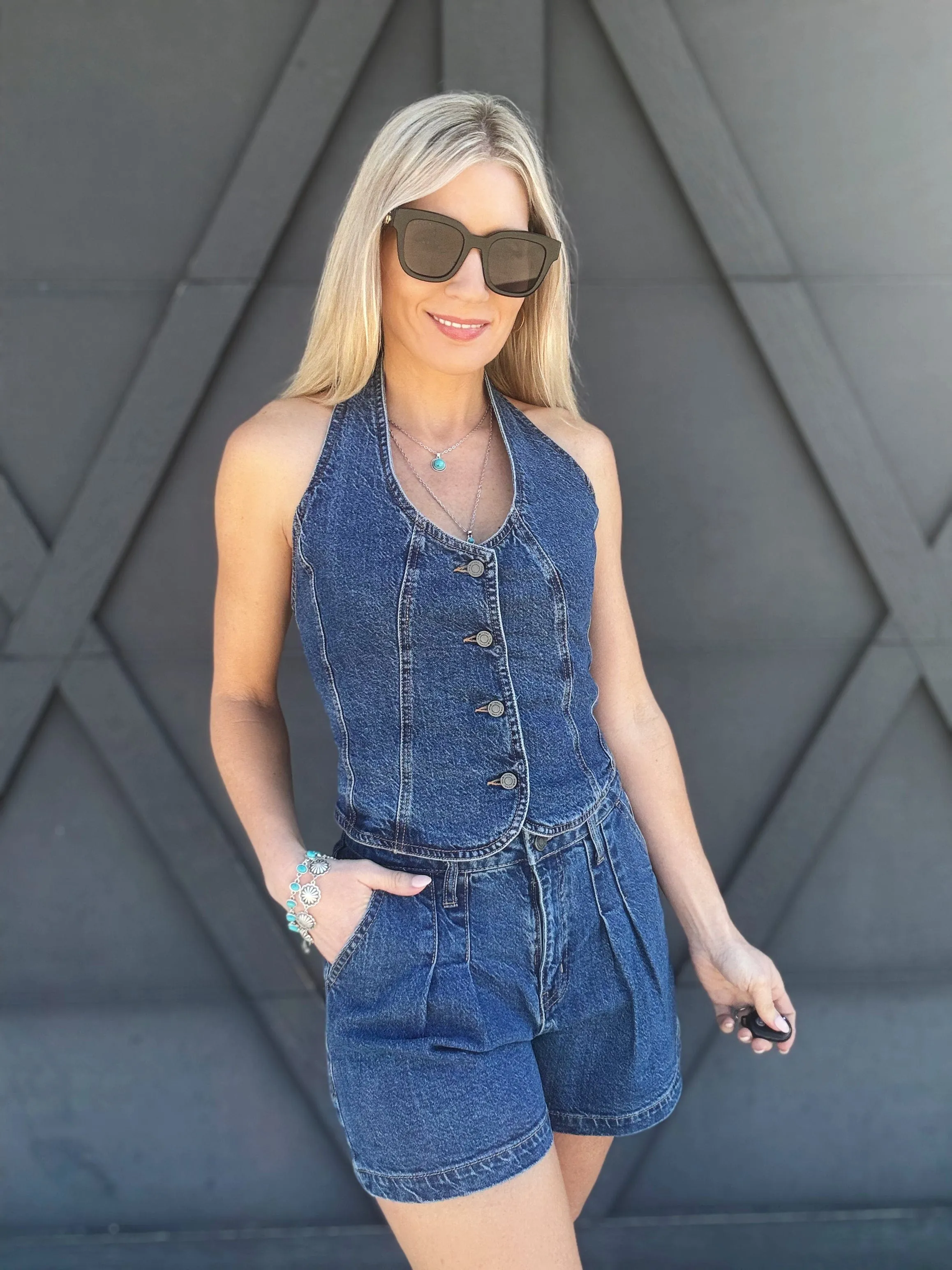 Habitual Denim Halter Vest In Lagoon