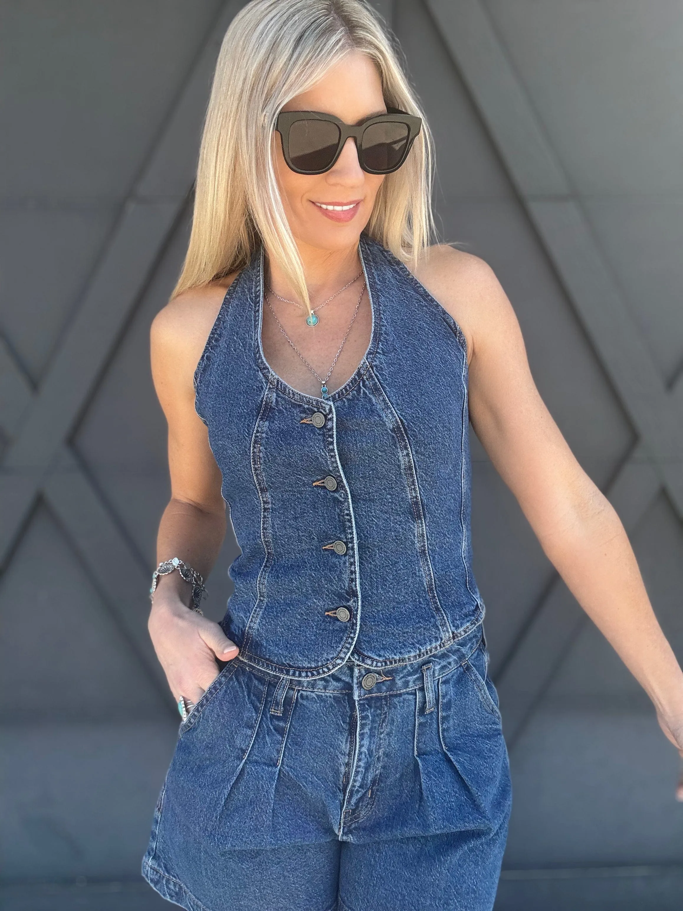 Habitual Denim Halter Vest In Lagoon
