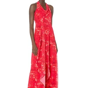 Halston Printed Cowl Gown Poppy Kaleidoscope size 14 Maxi Dress Chiffon NWT