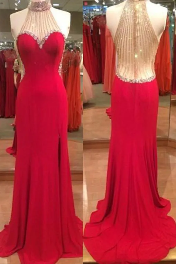 Halter Black Split Floor-Length Prom Dress With Beading Rhinestones PG281