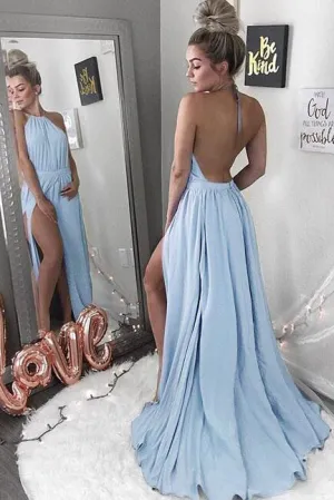 Halter Blue Backless Chiffon Sexy Long Prom Dresses with Split OK851