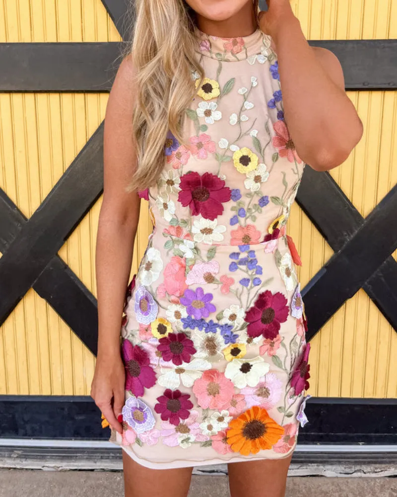 Halter Floral Embroidered Bodycon Mini Dresses