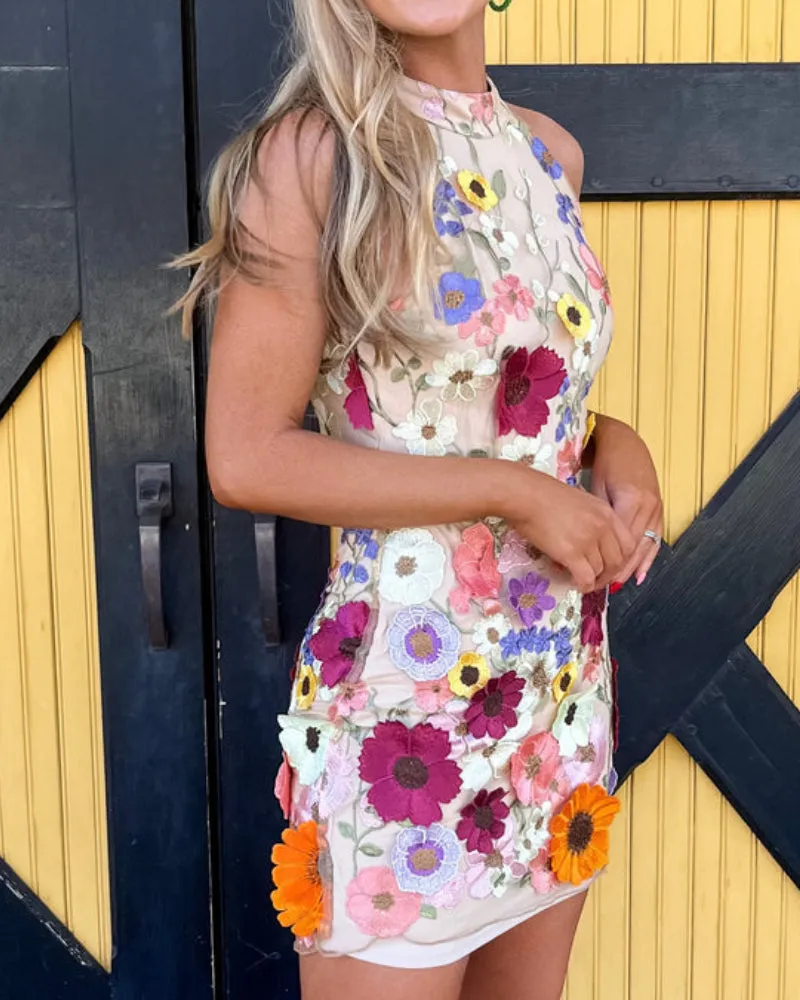 Halter Floral Embroidered Bodycon Mini Dresses