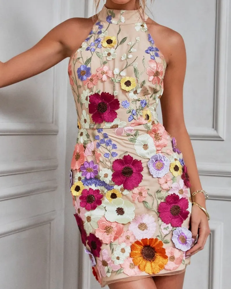 Halter Floral Embroidered Bodycon Mini Dresses