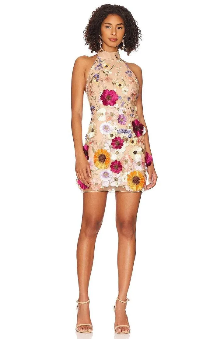 Halter Floral Embroidered Bodycon Mini Dresses