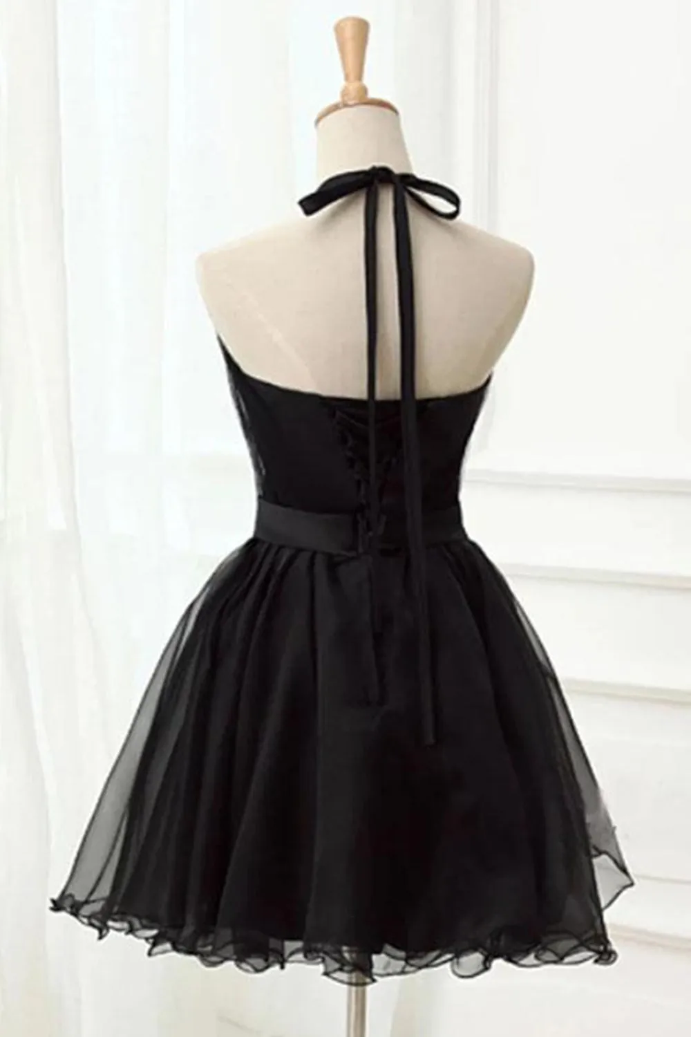 Halter Neck Backless Black Short Prom Dress, Open Back Black Homecoming Dress, Short Black Formal Graduation Evening Dress