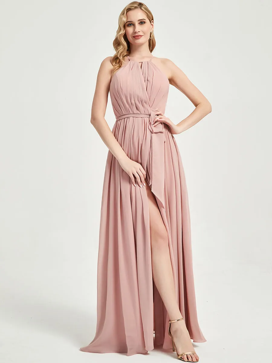 Halter Neck Slit Wrap Ink Blue Chiffon Bridesmaid Dress Floor Length