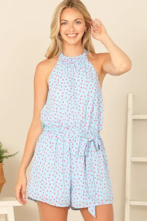 HALTER NECK WAIST TIE BACKLESS PRINTED ROMPER