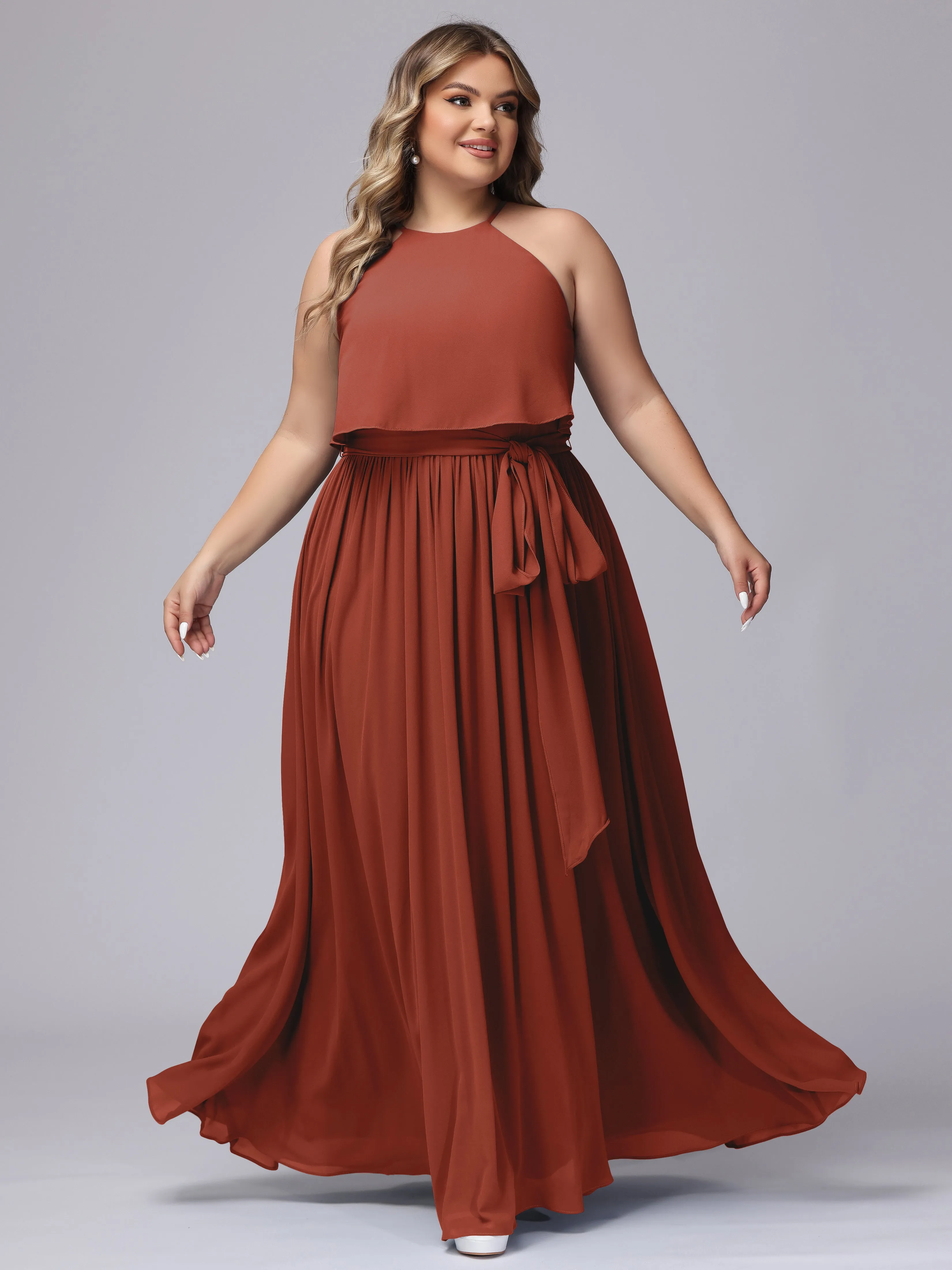 Halter Sleeveless Chiffon Plus Size Bridesmaid Dress