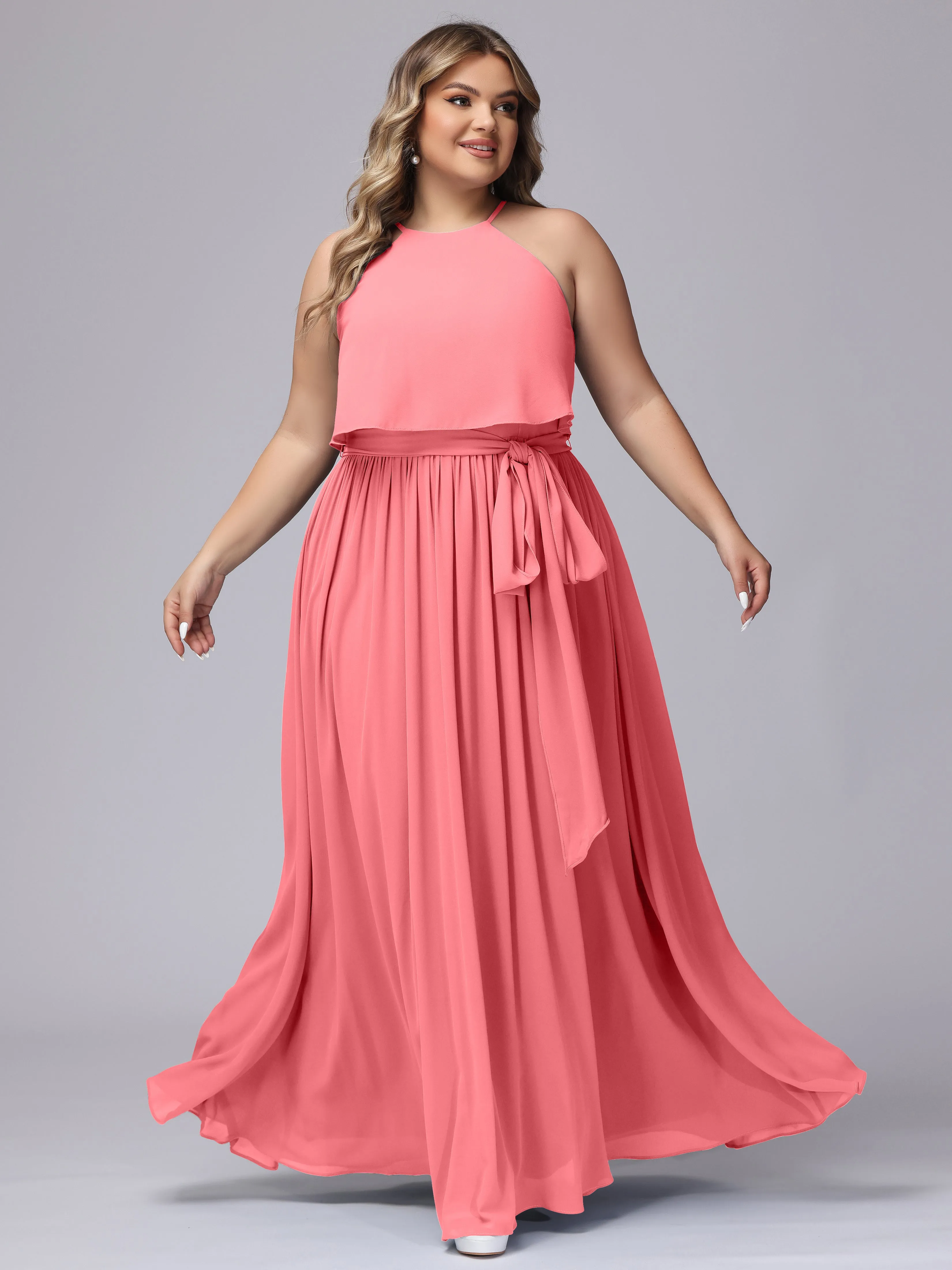 Halter Sleeveless Chiffon Plus Size Bridesmaid Dress