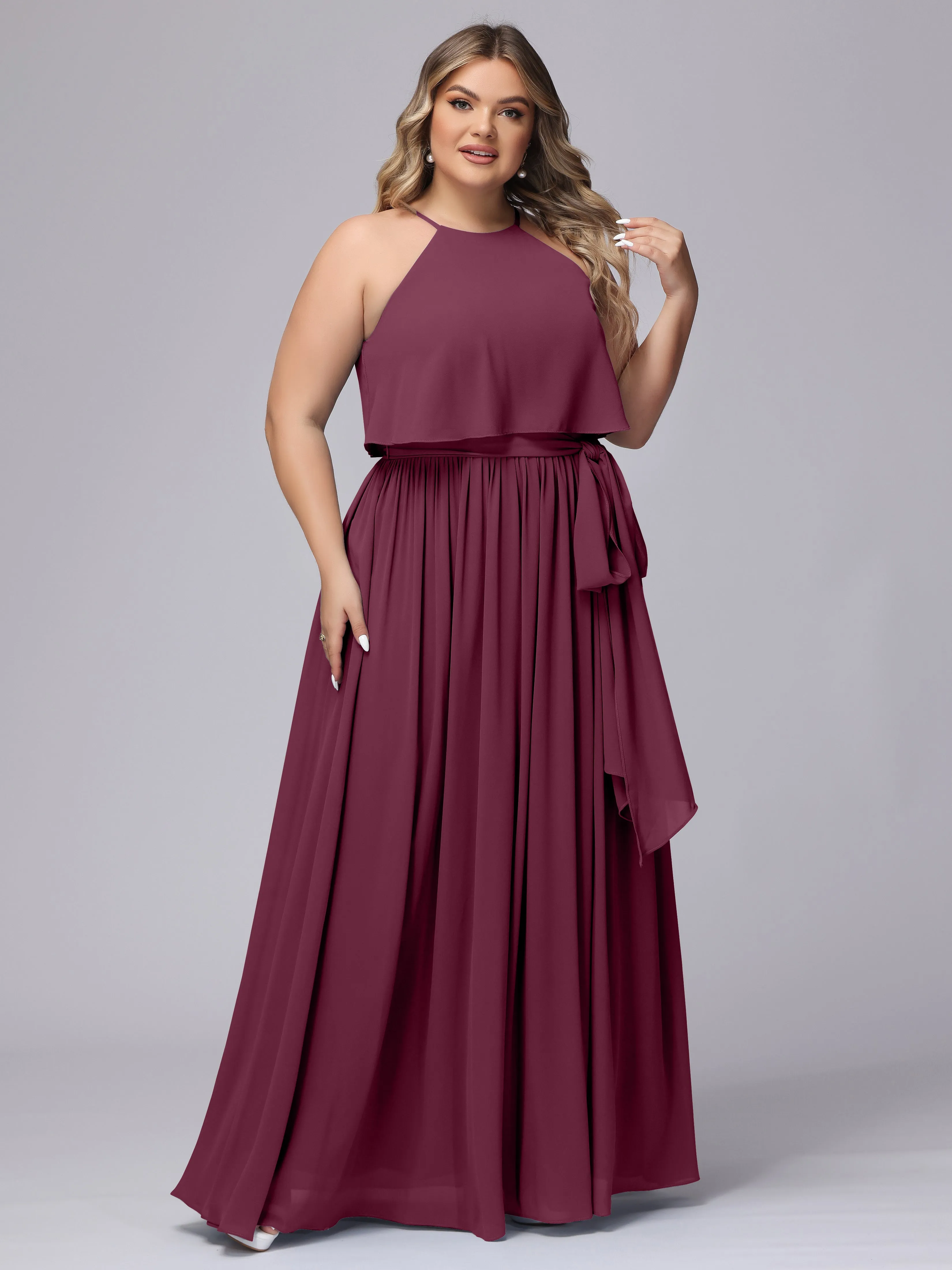Halter Sleeveless Chiffon Plus Size Bridesmaid Dress