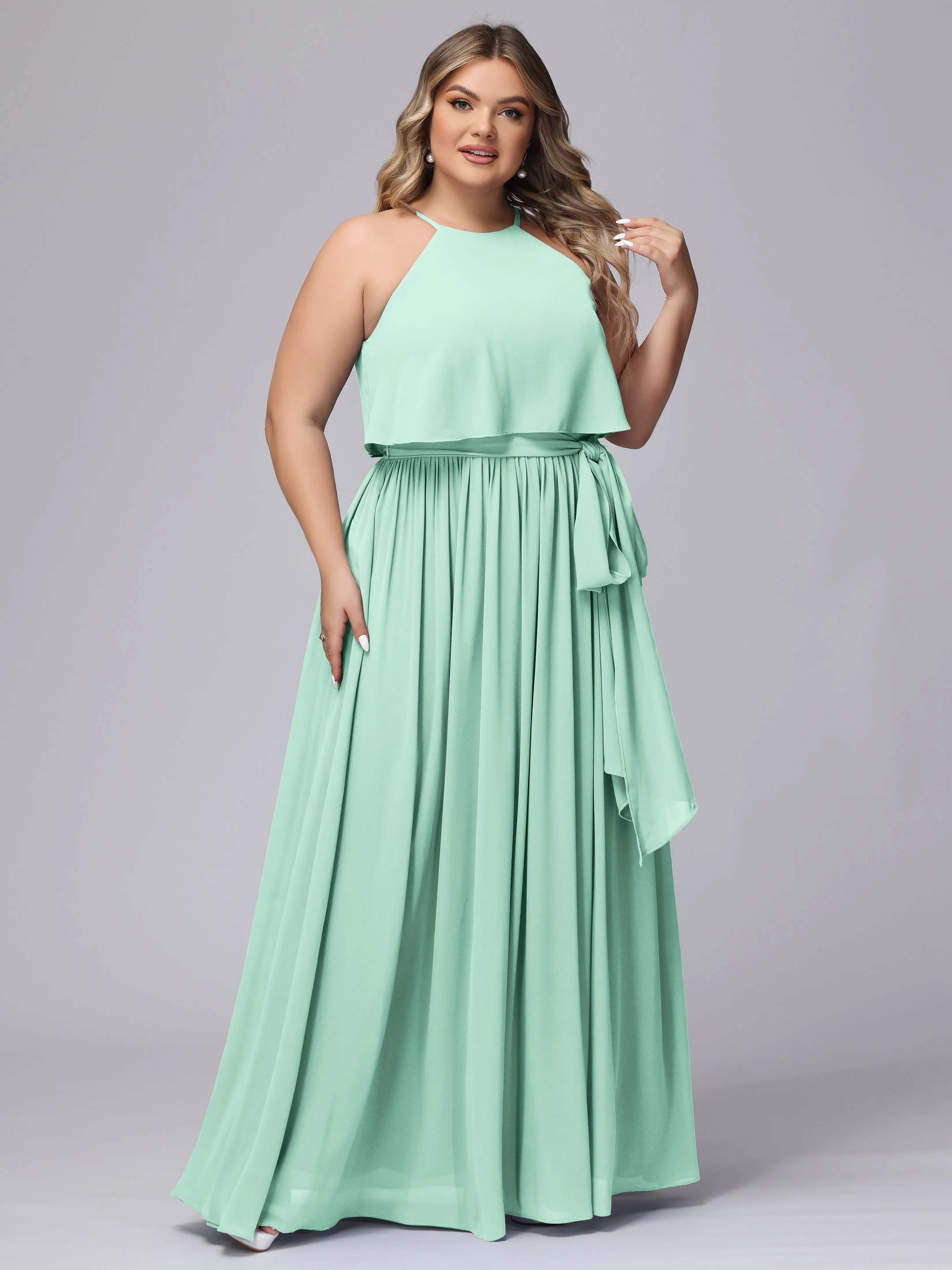 Halter Sleeveless Chiffon Plus Size Bridesmaid Dress