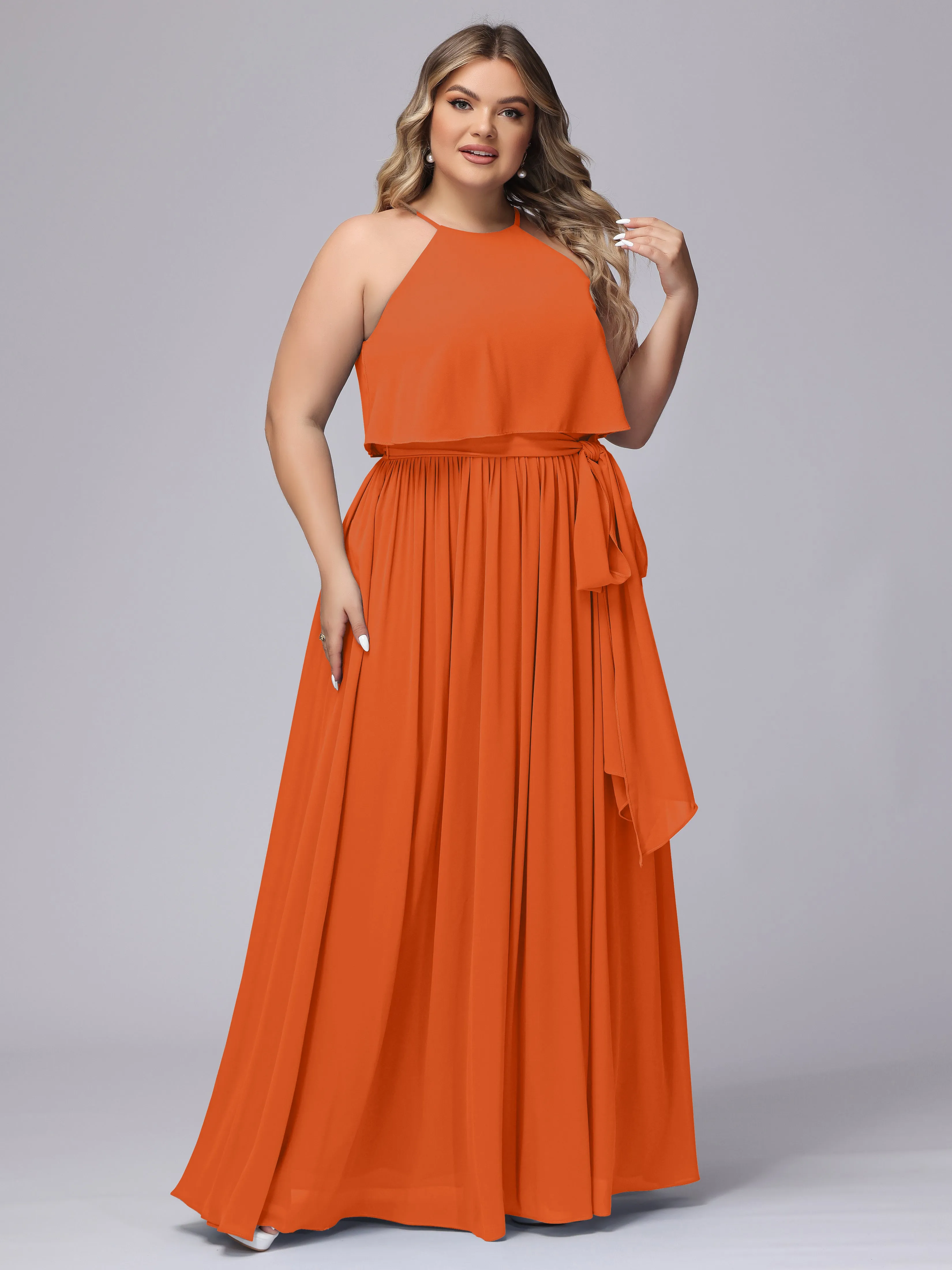 Halter Sleeveless Chiffon Plus Size Bridesmaid Dress