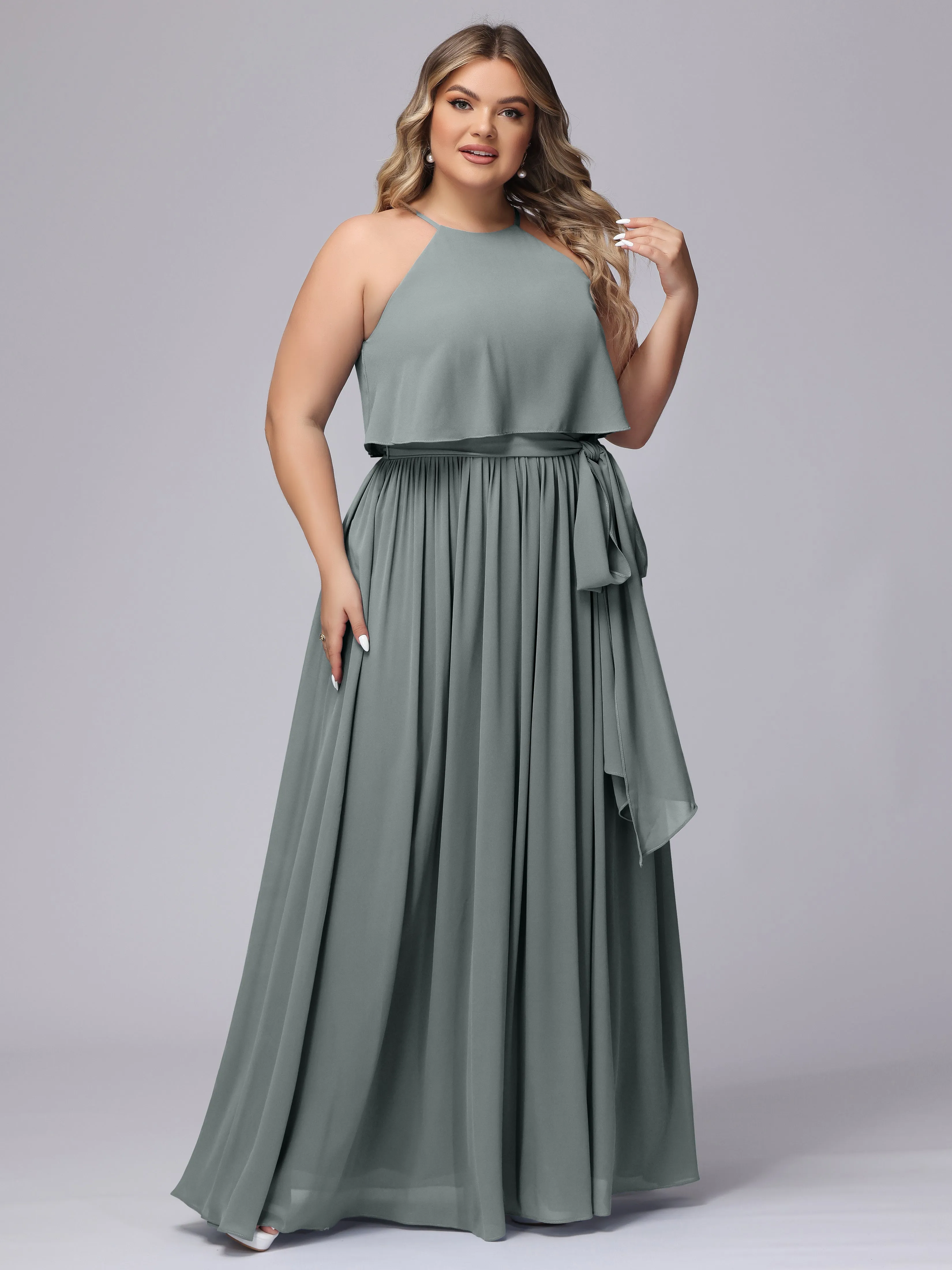 Halter Sleeveless Chiffon Plus Size Bridesmaid Dress