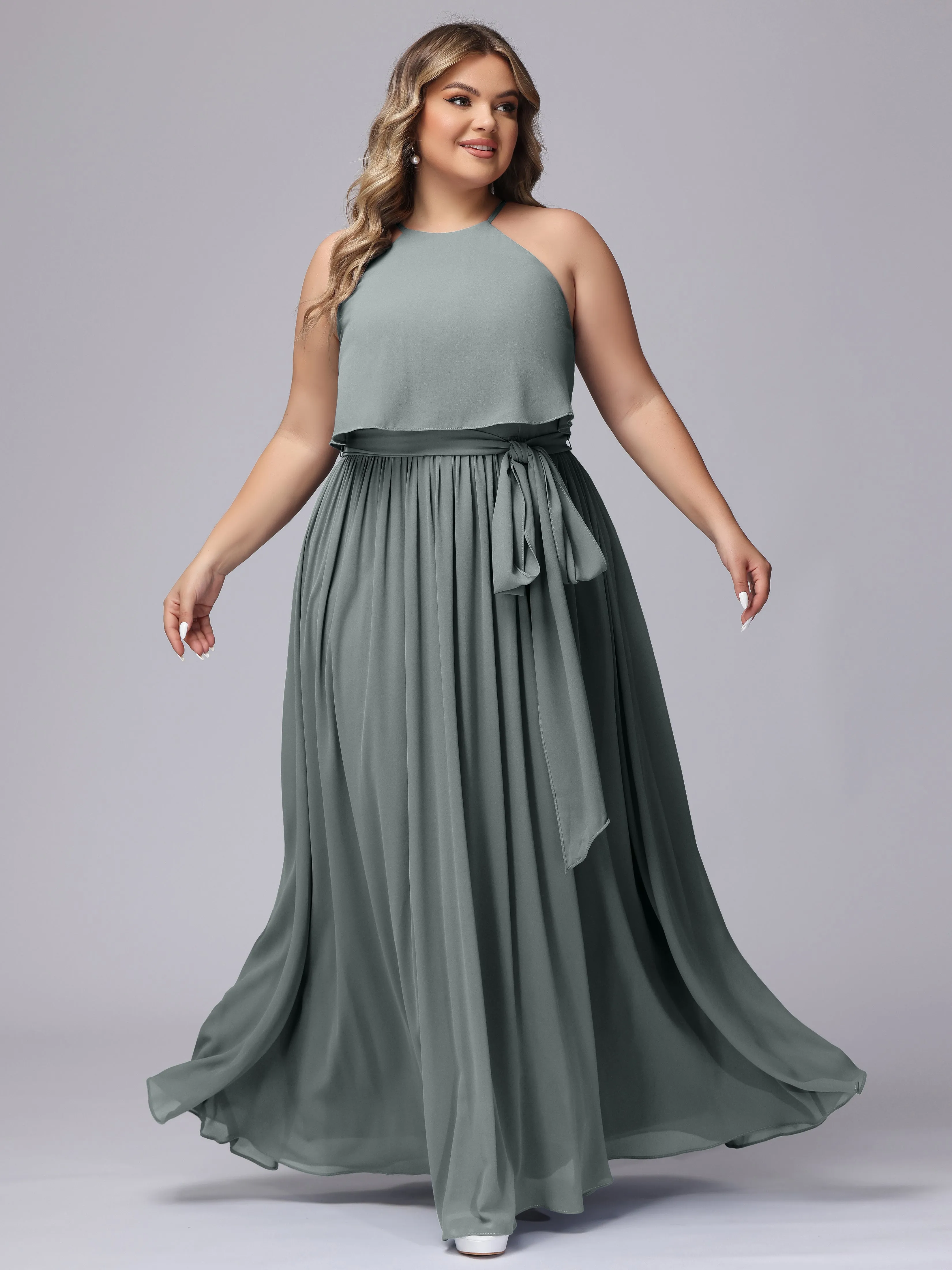 Halter Sleeveless Chiffon Plus Size Bridesmaid Dress