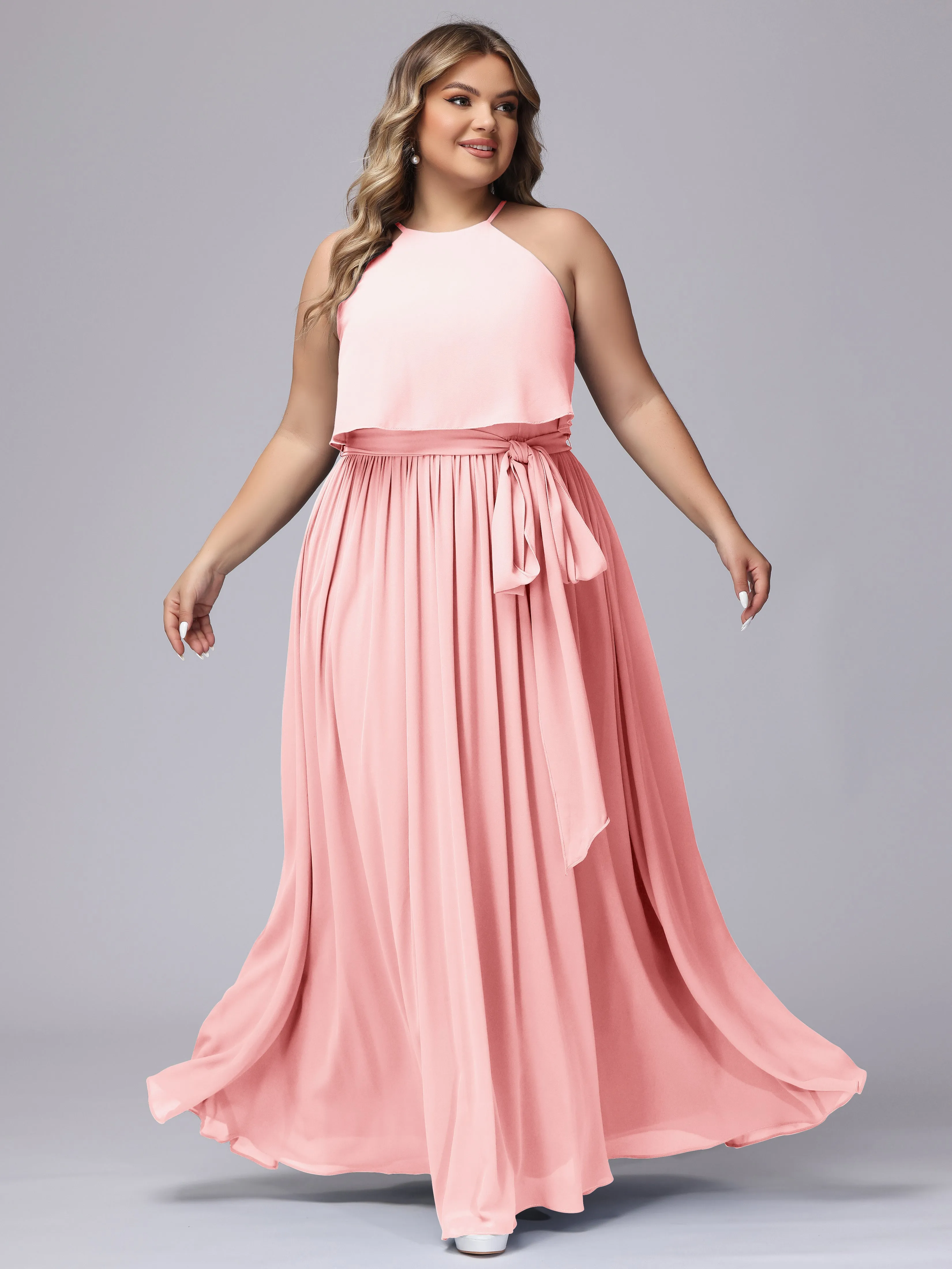 Halter Sleeveless Chiffon Plus Size Bridesmaid Dress