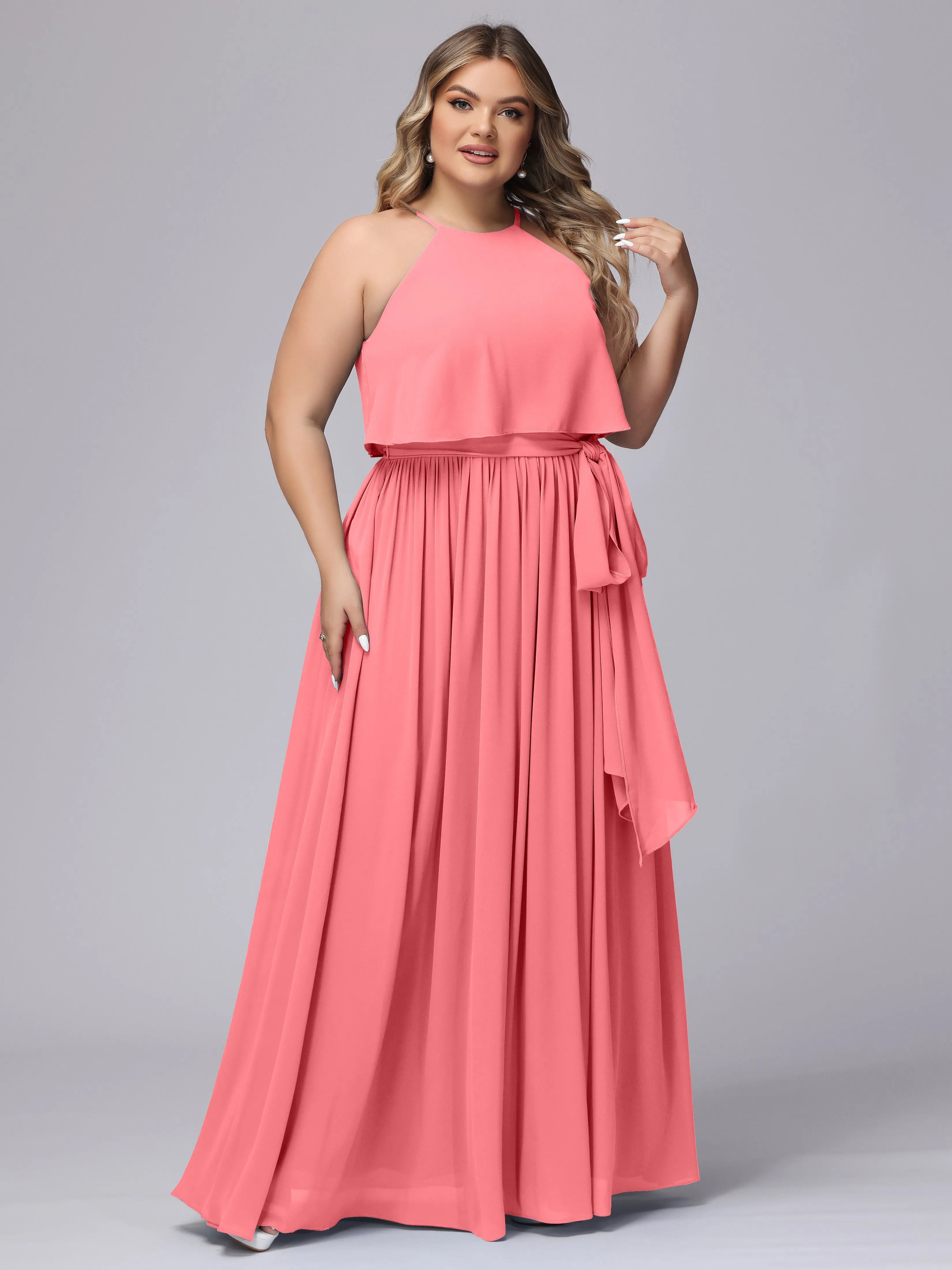 Halter Sleeveless Chiffon Plus Size Bridesmaid Dress