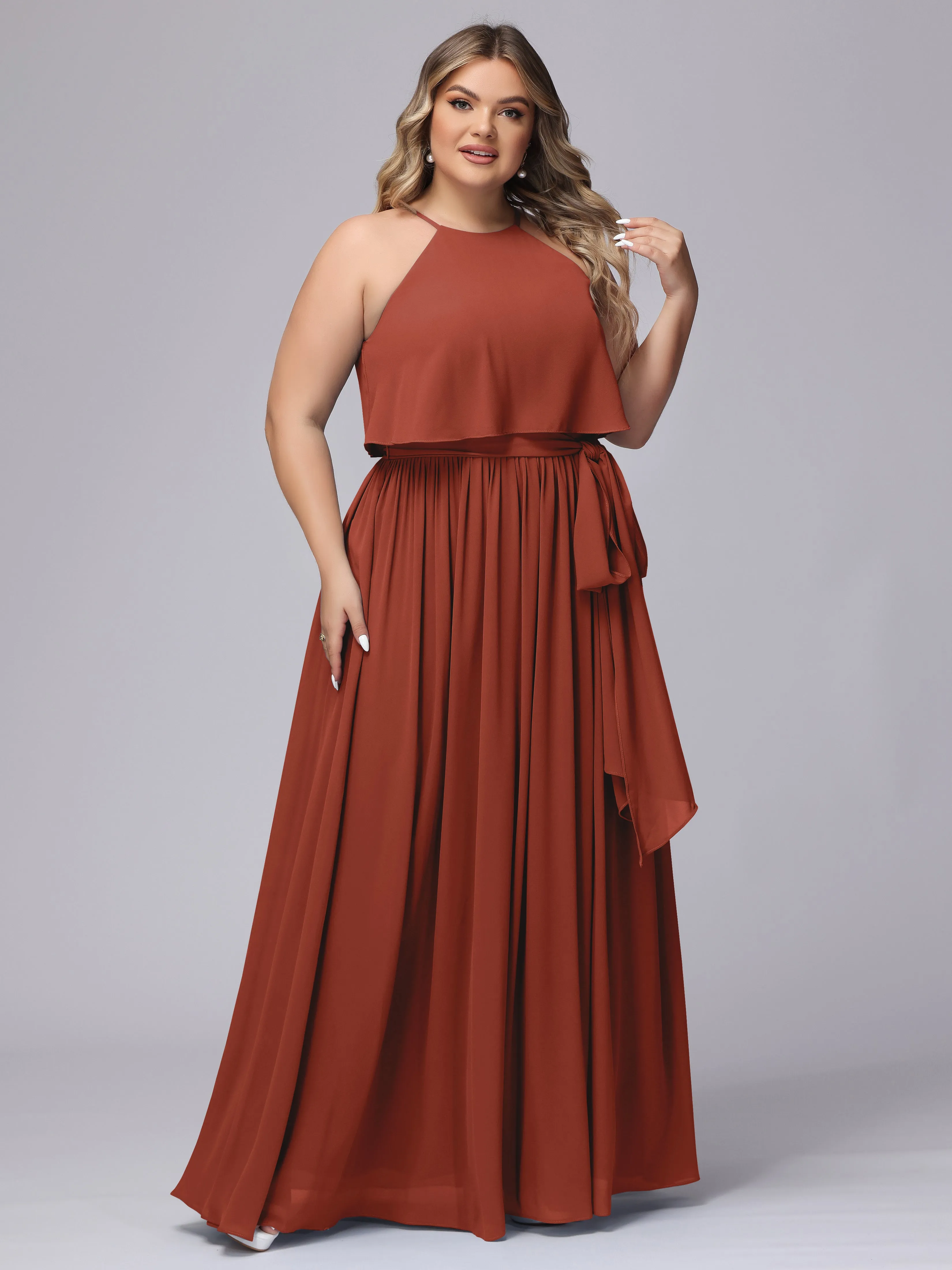 Halter Sleeveless Chiffon Plus Size Bridesmaid Dress