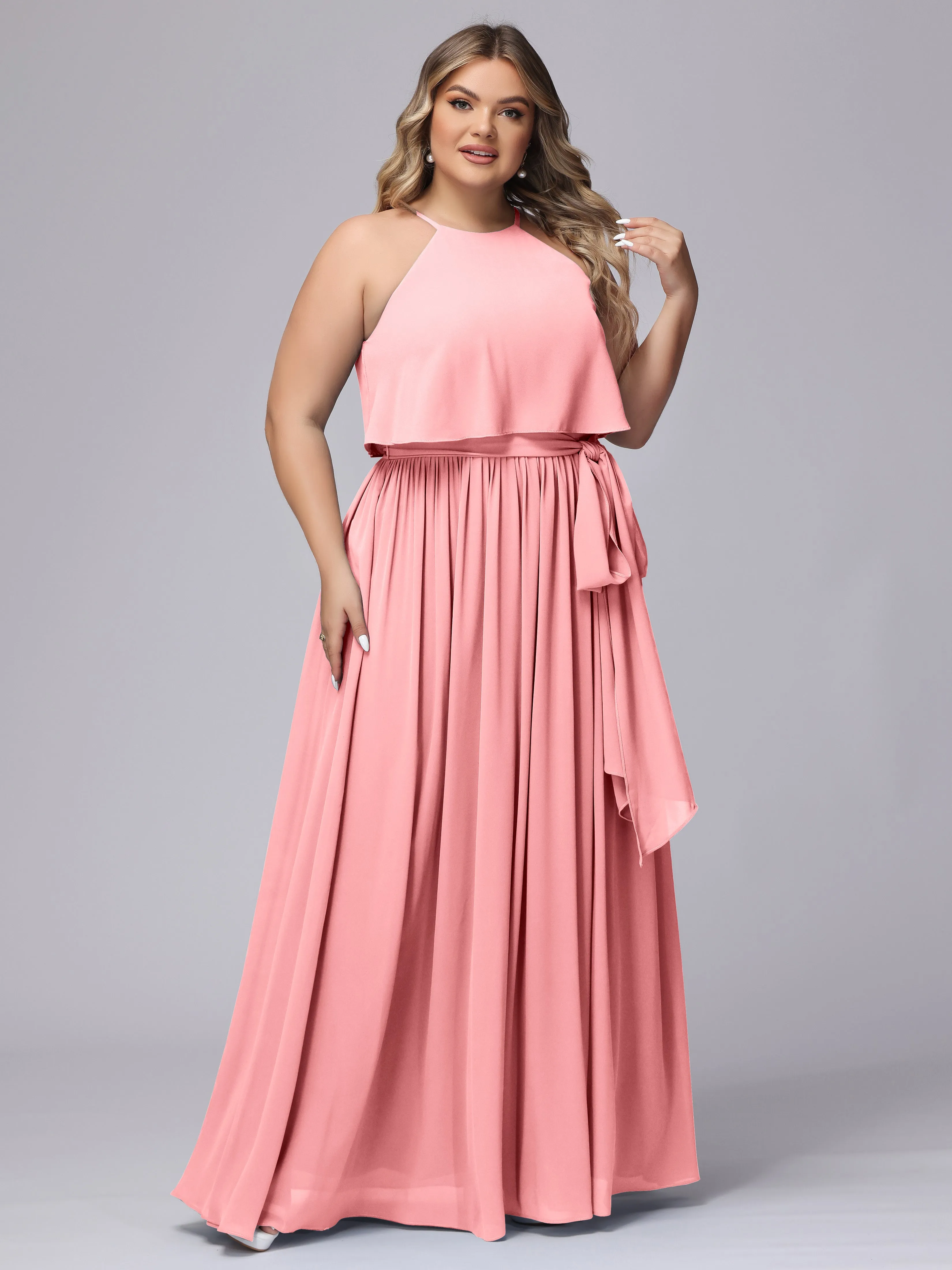 Halter Sleeveless Chiffon Plus Size Bridesmaid Dress