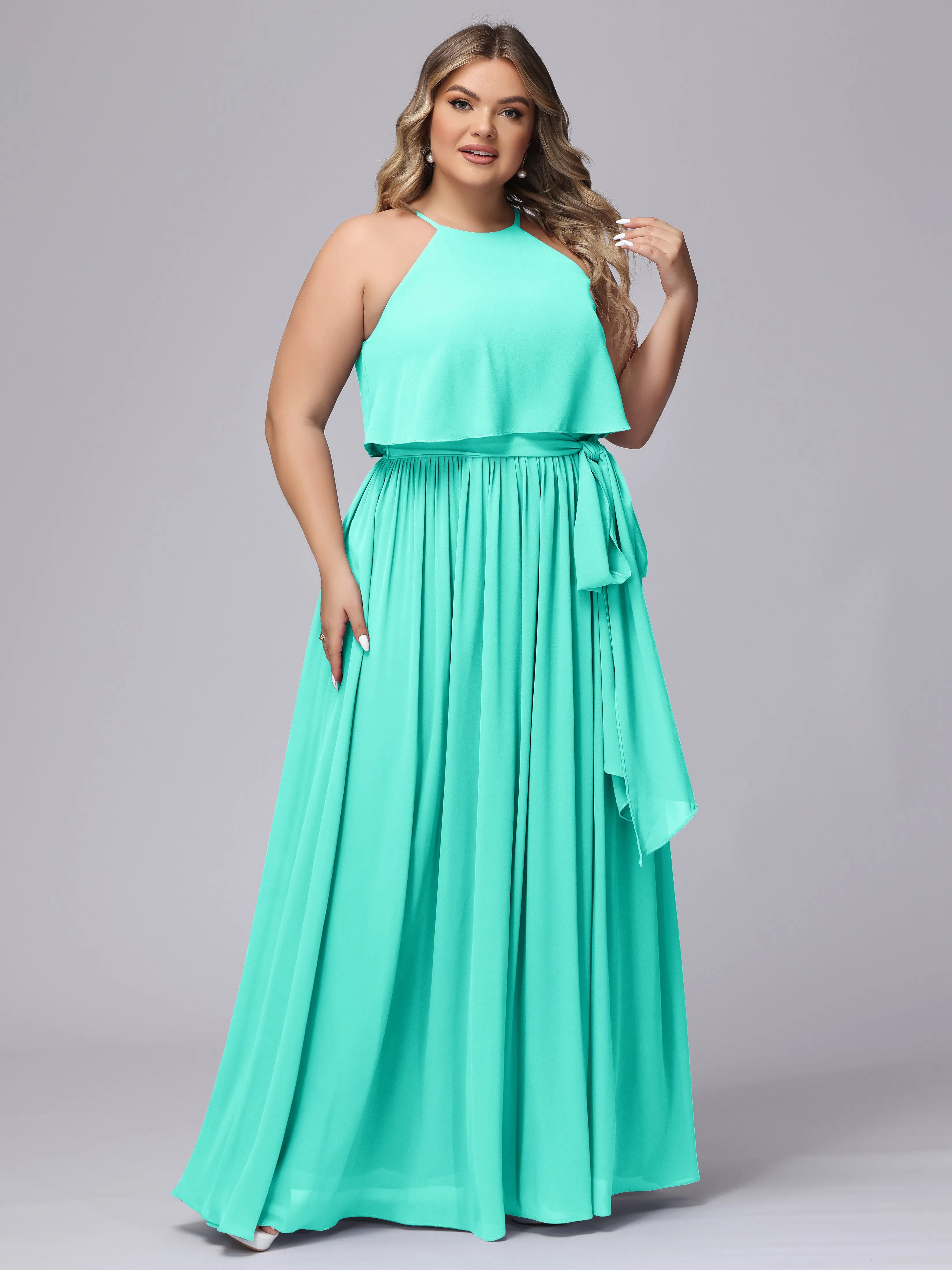 Halter Sleeveless Chiffon Plus Size Bridesmaid Dress