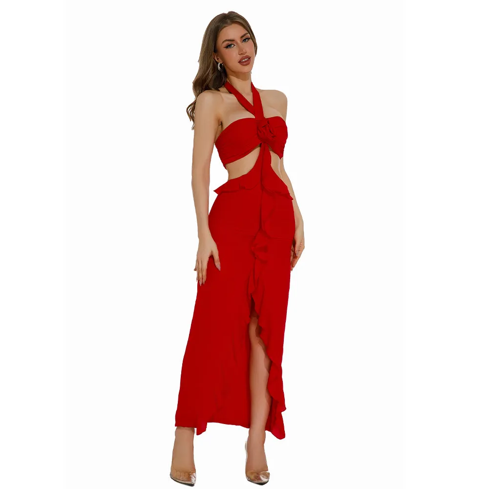 Halter Sleeveless Flounced Maxi Dress ZNSBA997