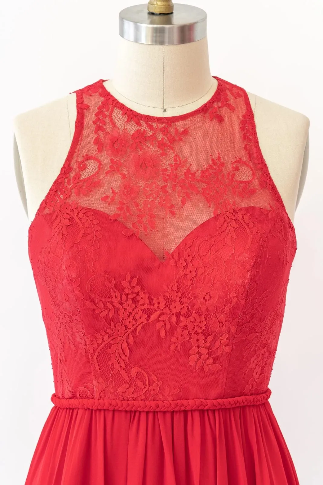 Halter Sleeveless Lace Chiffon Long Red Bridesmaid Dress, Braided Belt