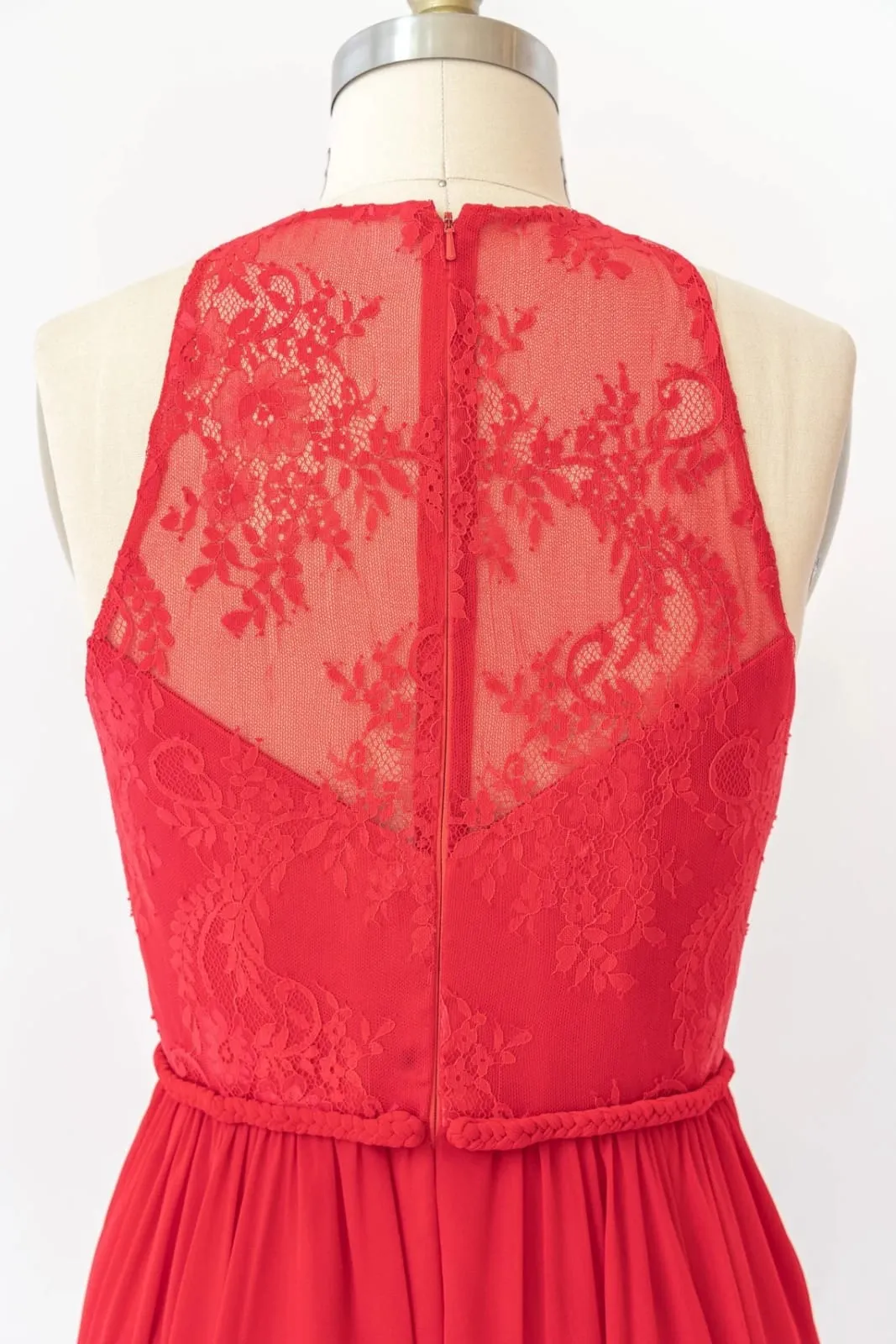 Halter Sleeveless Lace Chiffon Long Red Bridesmaid Dress, Braided Belt