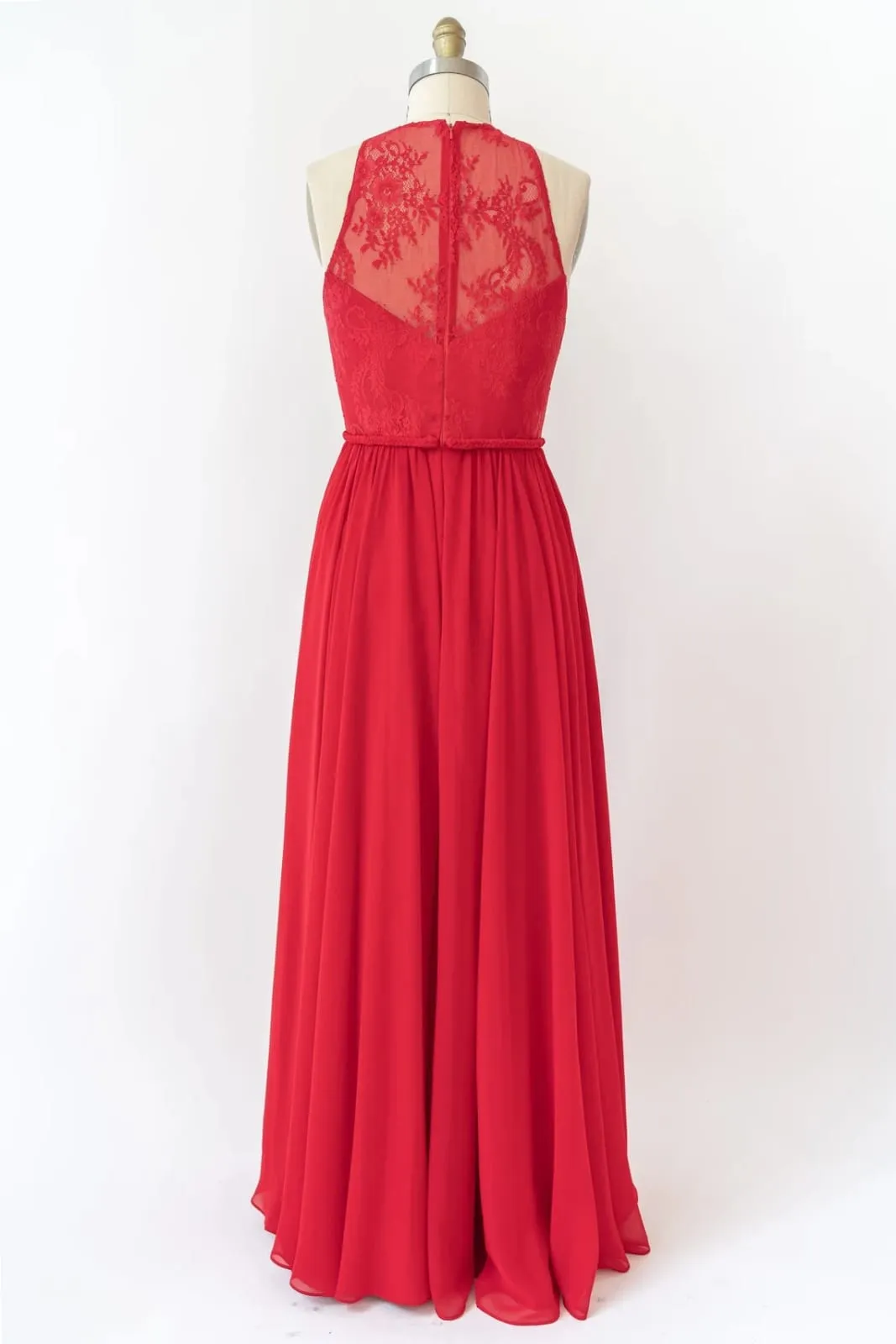 Halter Sleeveless Lace Chiffon Long Red Bridesmaid Dress, Braided Belt