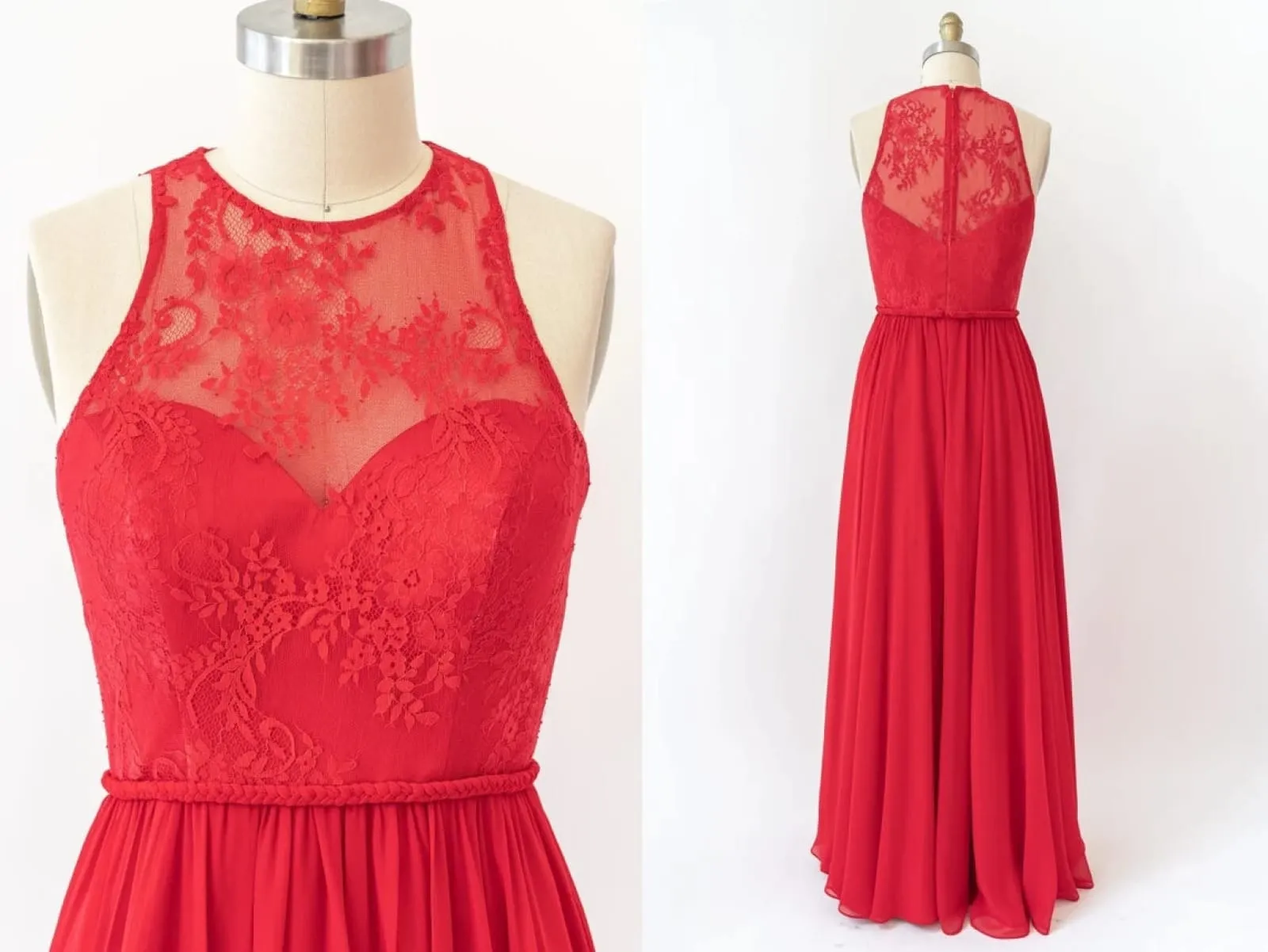 Halter Sleeveless Lace Chiffon Long Red Bridesmaid Dress, Braided Belt