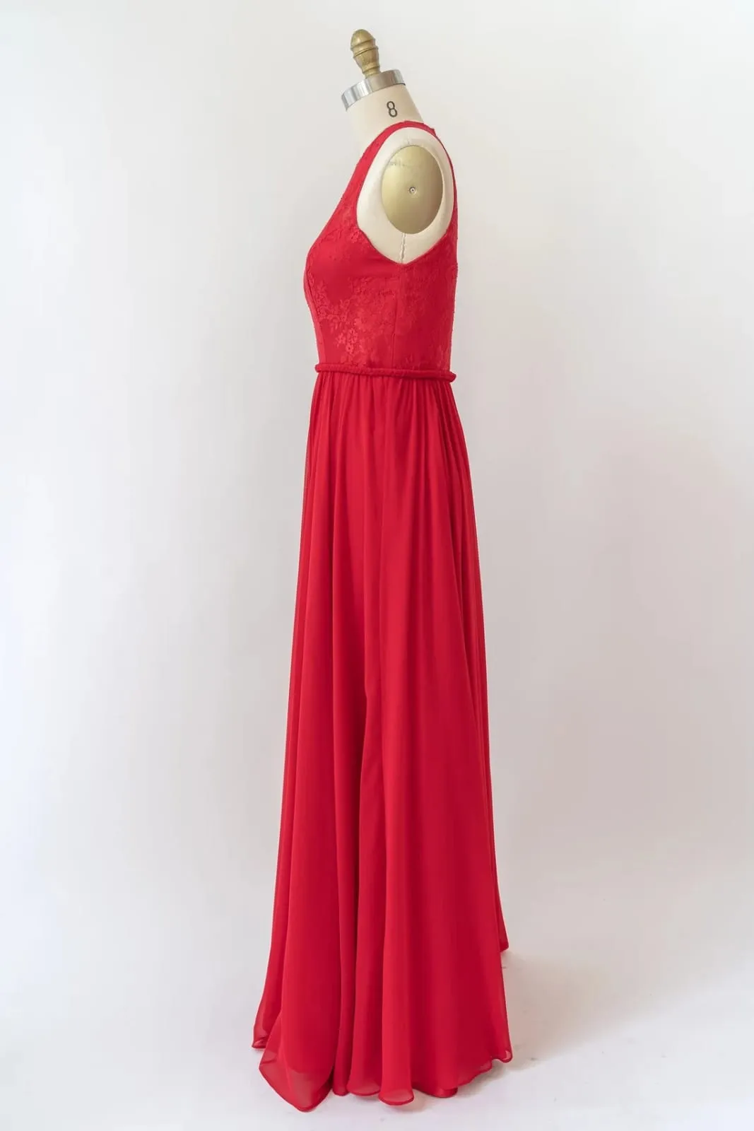 Halter Sleeveless Lace Chiffon Long Red Bridesmaid Dress, Braided Belt