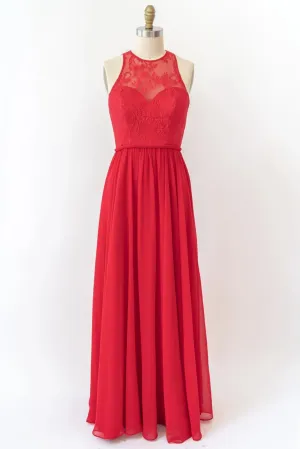 Halter Sleeveless Lace Chiffon Long Red Bridesmaid Dress, Braided Belt