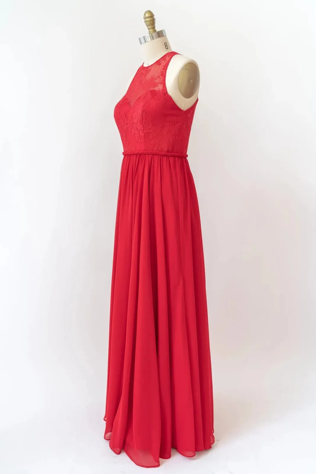 Halter Sleeveless Lace Chiffon Long Red Bridesmaid Dress, Braided Belt