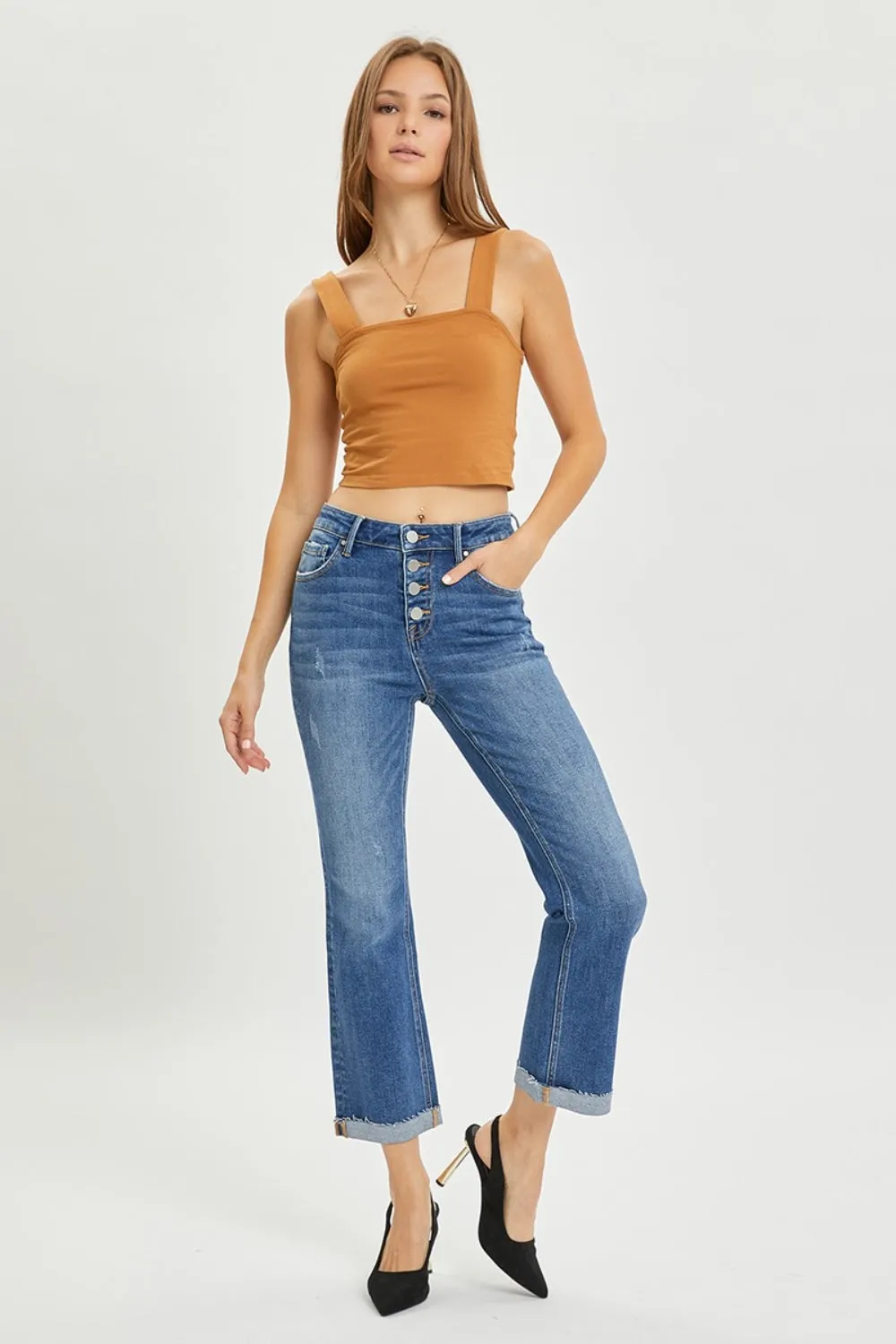 Hazel Blues® |  RISEN Button Fly Cropped Bootcut Jeans