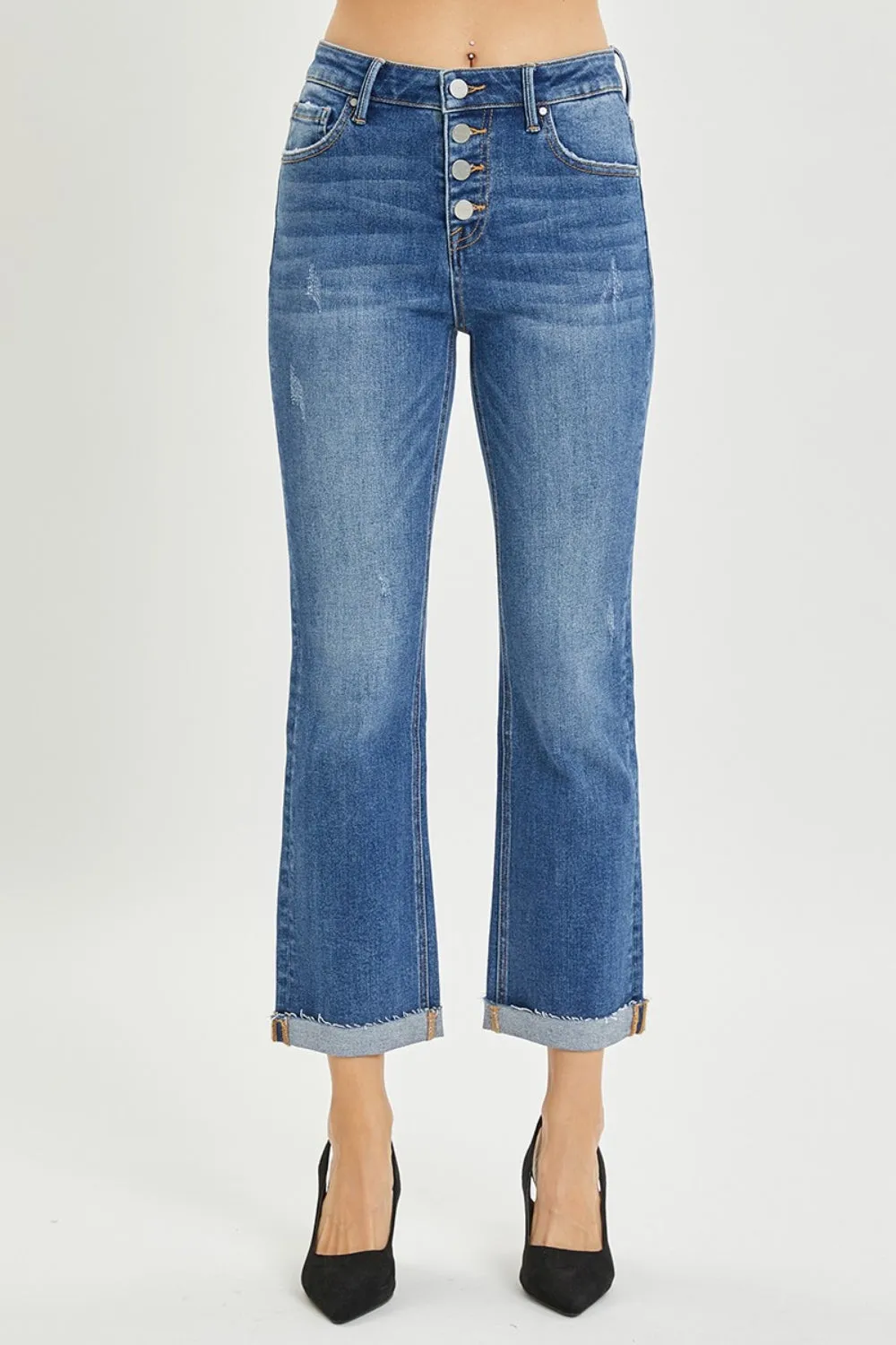 Hazel Blues® |  RISEN Button Fly Cropped Bootcut Jeans