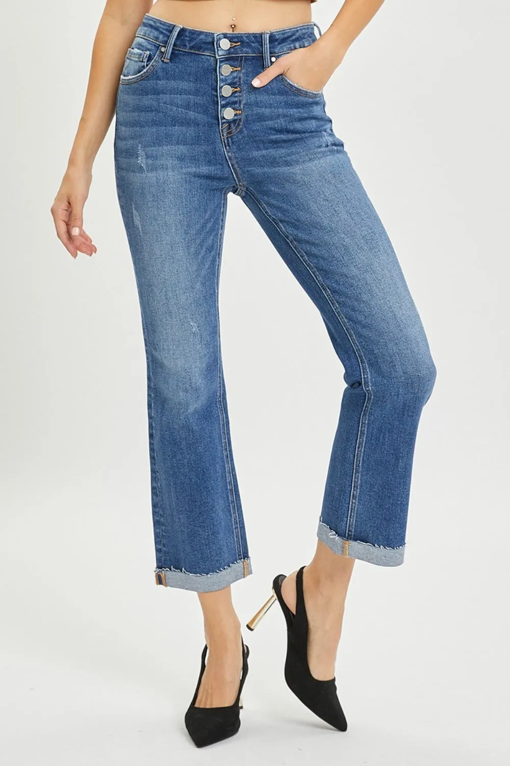 Hazel Blues® |  RISEN Button Fly Cropped Bootcut Jeans