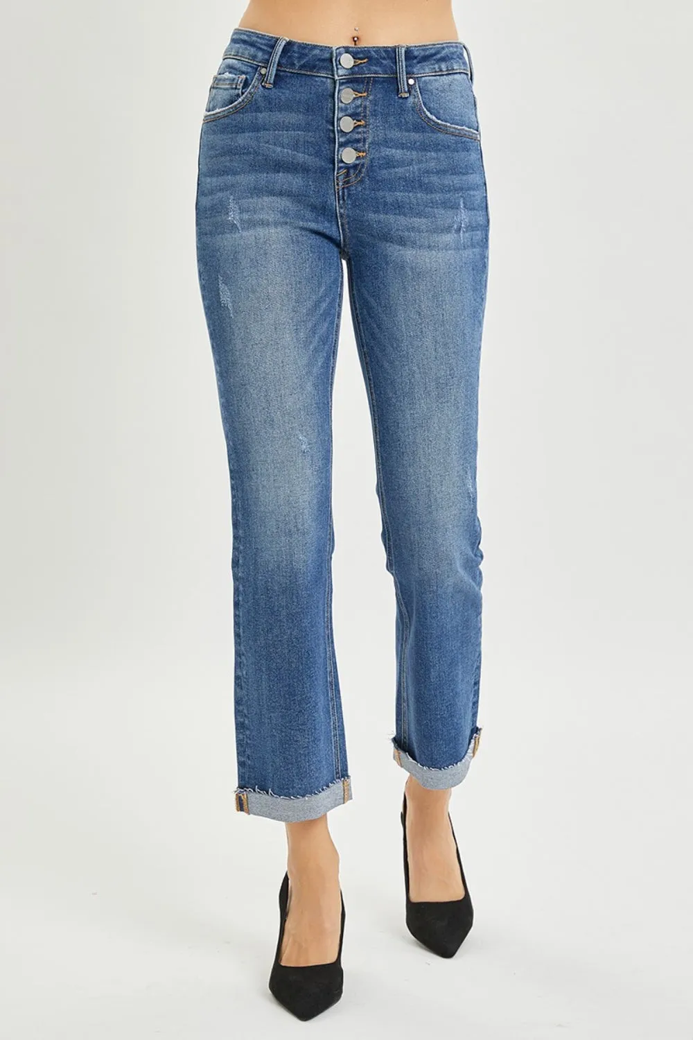 Hazel Blues® |  RISEN Button Fly Cropped Bootcut Jeans
