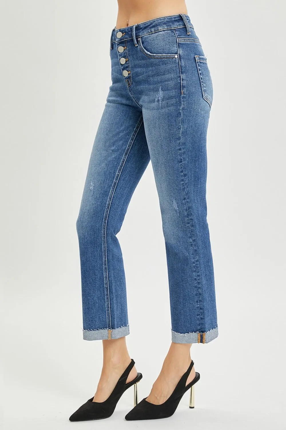 Hazel Blues® |  RISEN Button Fly Cropped Bootcut Jeans