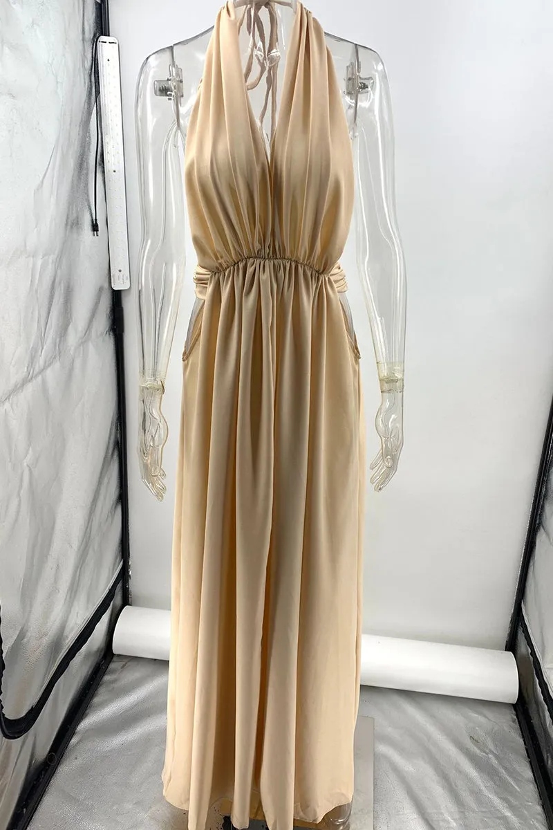 HBZ1258 Pleated Halter Neck Maxi Dress